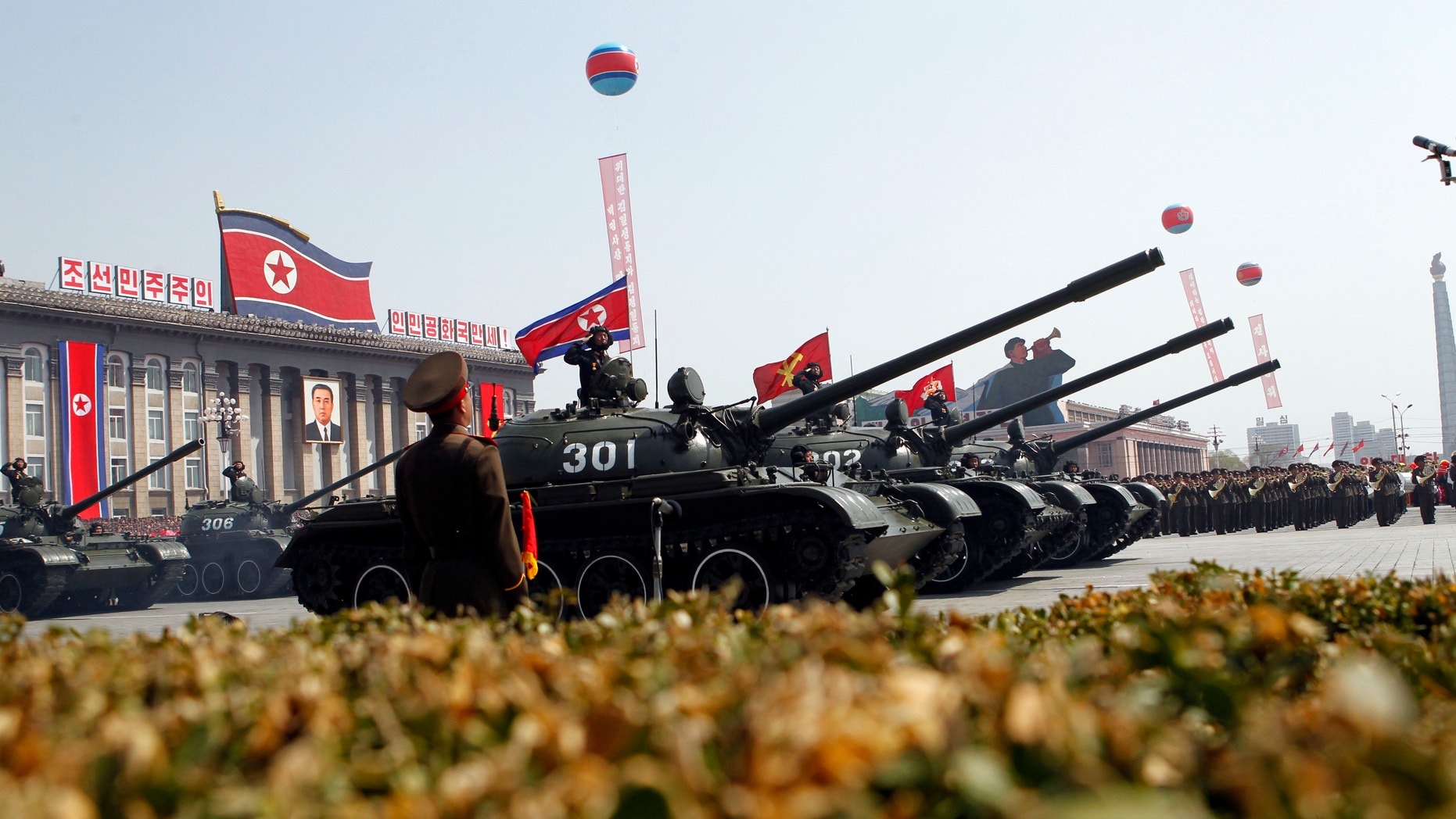 April 15: 2012: North Korean tanks take part in a mass military parade in Pyongyang's Kim Il Sung Square to celebrate 100 years since the birth of North Korea's founder Kim Il Sung.