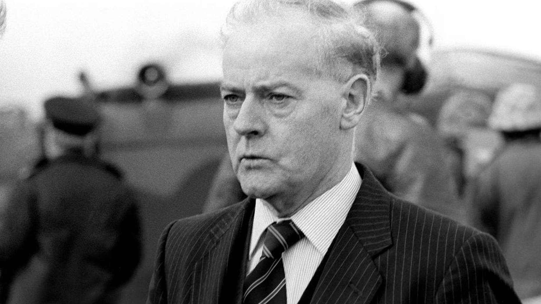 FILE - This is a Oct. 20, 1982 file photo of former Ulster Unionist Party leader Jim Molyneaux. Molyneaux, a quiet but canny politician who led the Ulster Unionist Party through some of Northern Ireland’s bloodiest years and the early period of peacemaking, has died at the age of 94. Party colleagues and the Northern Ireland government confirmed his death Monday Match 9, 2015 but did not specify a cause. (AP Photo/PA, File) UNITED KINGDOM OUT