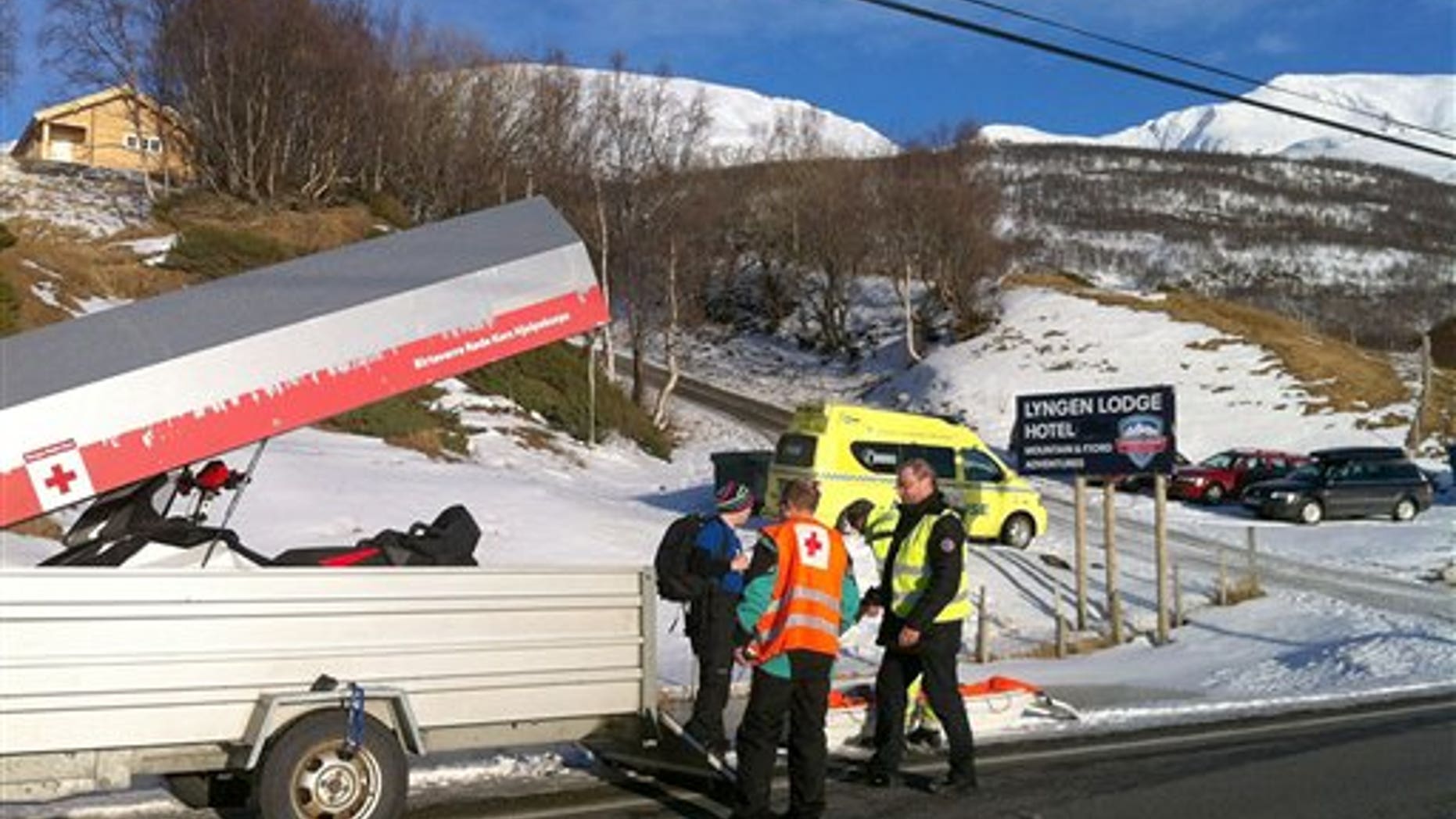 March 19: Rescue personnel prepare to go to the mountain area near Kafjord, Norway where an avalanche is reported to have buried six tourists.