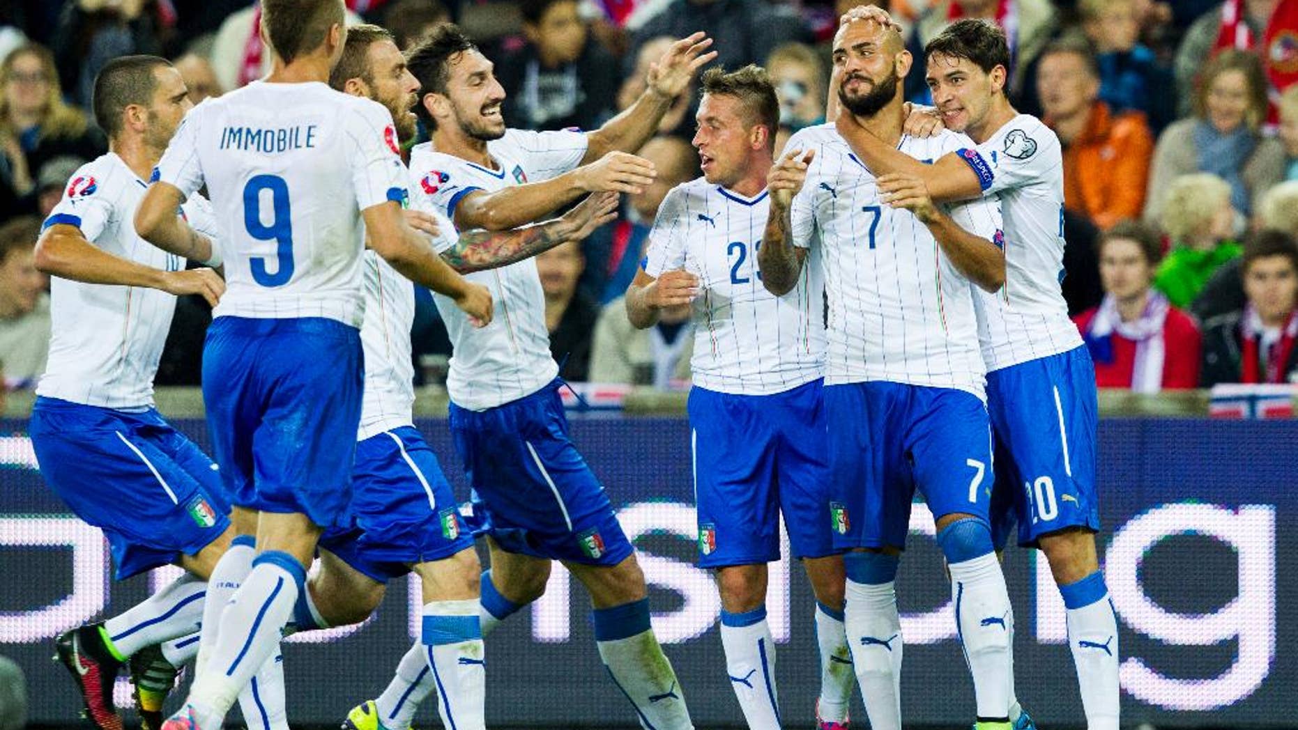 Italy's Simone Zaza, second righ, celebrates scoring against Norway with teammates during their Euro 2016 qualifying match at Ullevaal Stadium in Oslo, Tuesday Sept. 9, 2014. (AP Photo/Vegard Wivestad Grott, NTB Scanpix) NORWAY OUT