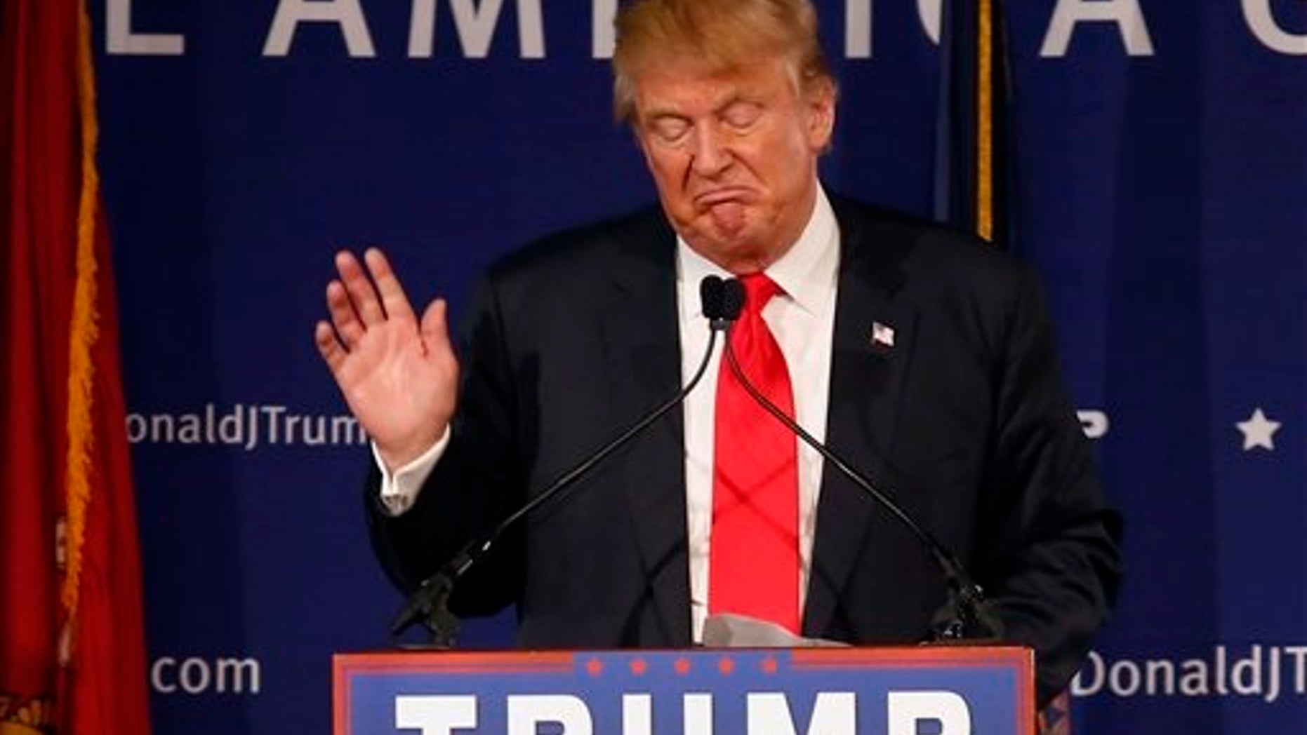 Republican presidential candidate, businessman Donald Trump, speaks during a rally coinciding with Pearl Harbor Day at Patriots Point aboard the aircraft carrier USS Yorktown in Mt. Pleasant, S.C., Monday, Dec. 7, 2015. (AP Photo/Mic Smith)