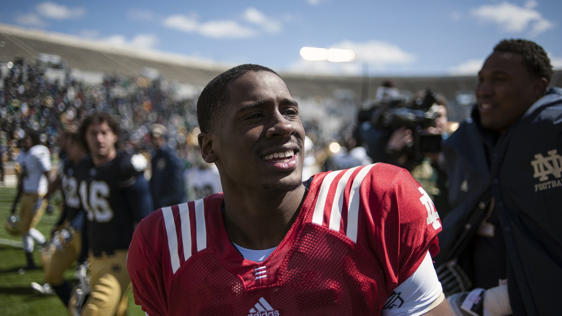 April 20, 2013: Notre Dame junior quarterback Everett Golson leaves the field following the annual Blue-Gold spring football game at Notre Dame Stadium in South Bend, Ind. After having led the Fighting Irish to an unbeaten regular season and a national championship appearance, Golson was confirmed to have no longer been enrolled at the University of Notre Dame as of May 25, 2013.