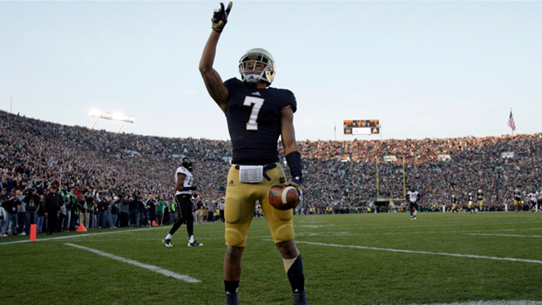 Nov. 17, 2012: Notre Dame Fighting Irish wide receiver TJ Jones (7) celebrates after making a touchdown catch against Wake Forest Demon Deacons during the first half of their NCAA college football game at Notre Dame Stadium in South Bend, Indiana. (Reuters)