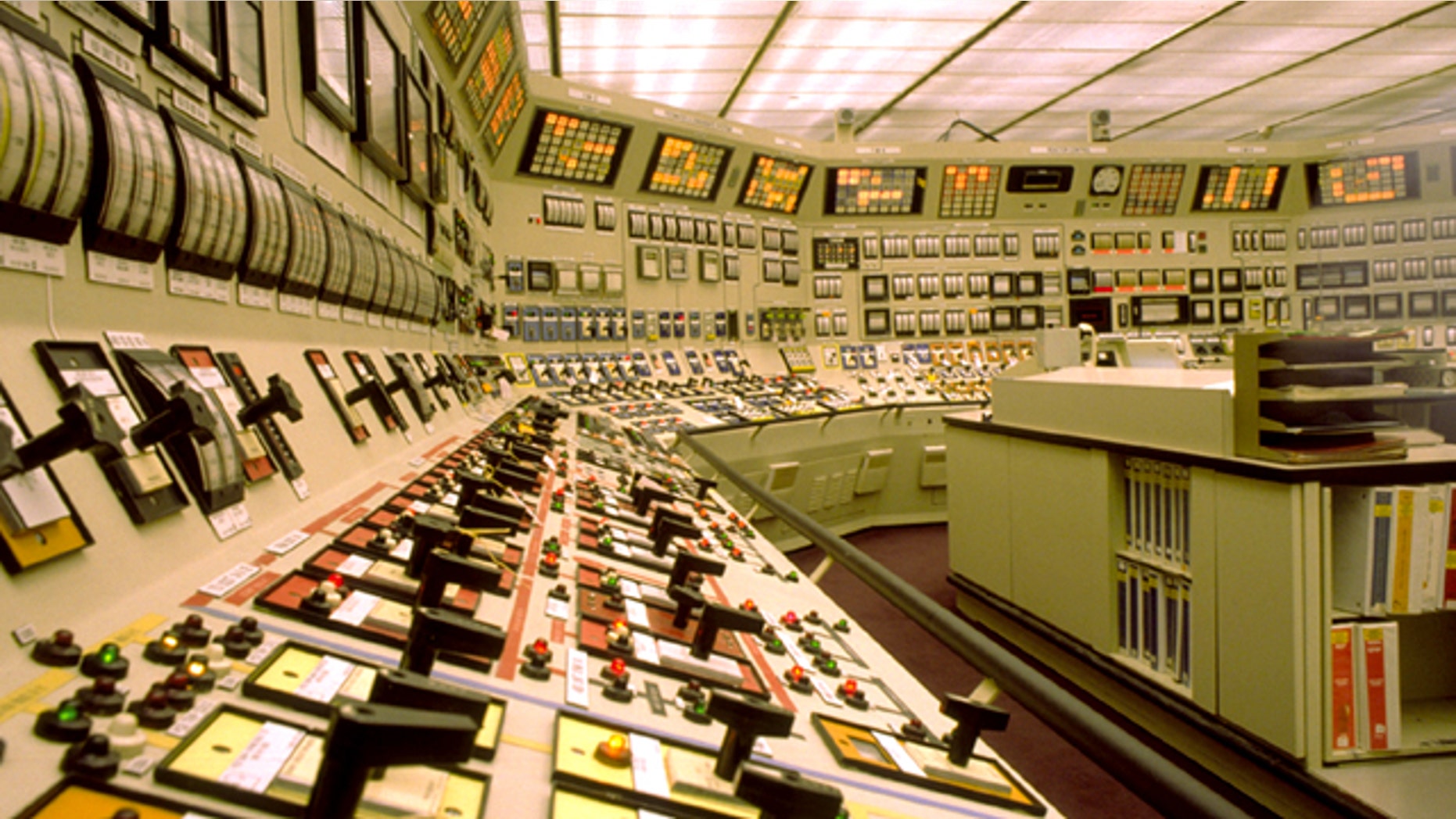 Control room at a nuclear power plant on the aging U.S. electric grid.