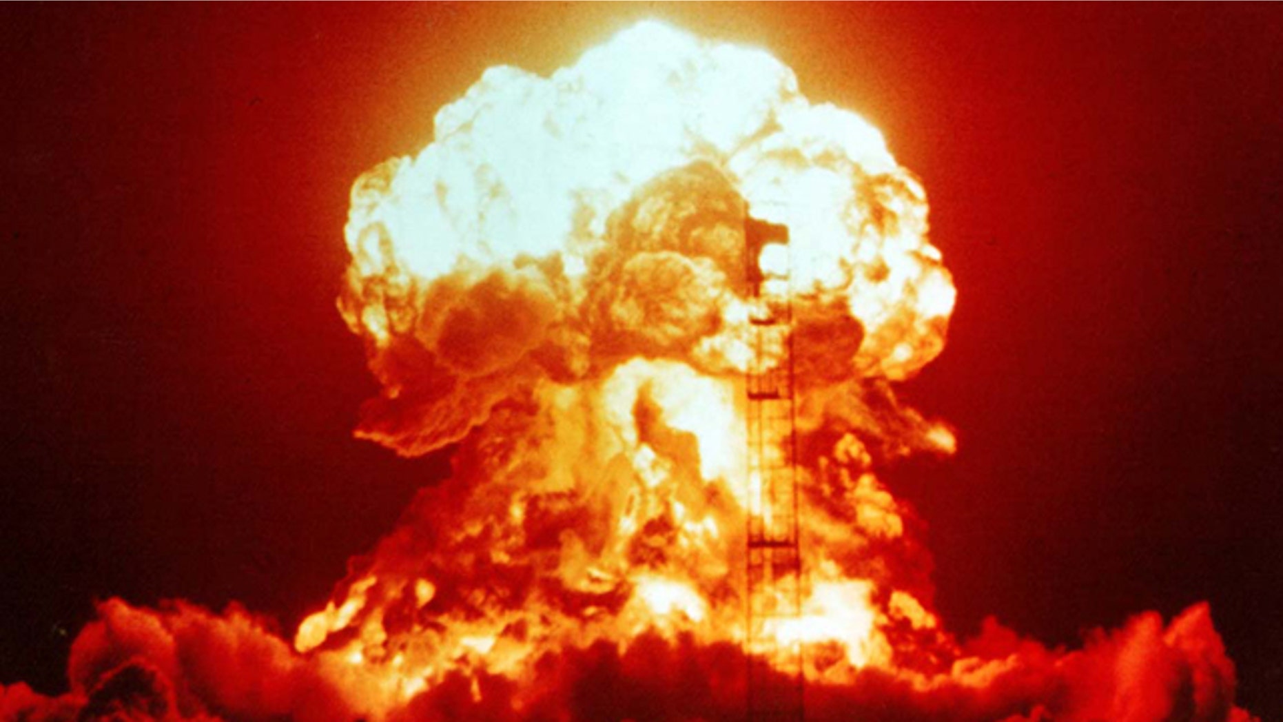 A 23-kiloton nuclear bomb detonated on 18 April, 1953, at a Nevada test site released this mushroom cloud.