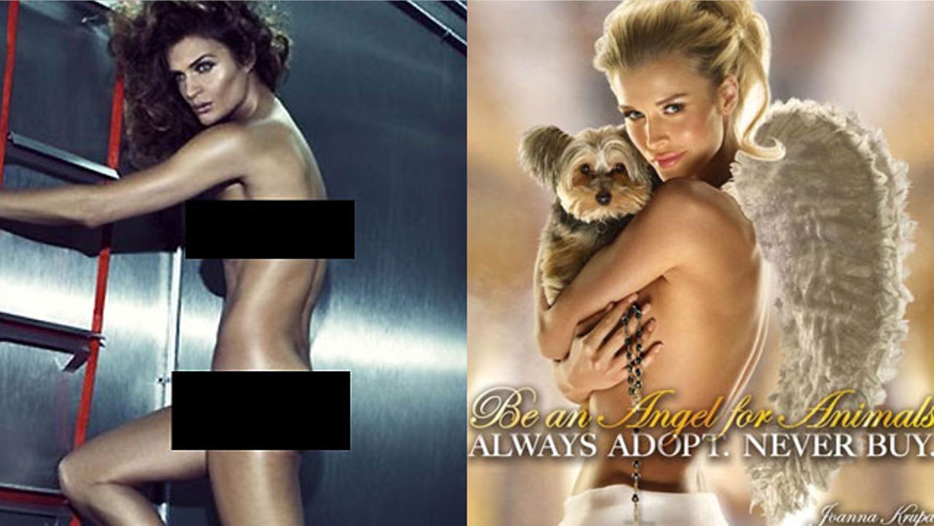 Helena Christensen in a new Reebok ad (left) and Joanna Krupa for PETA
