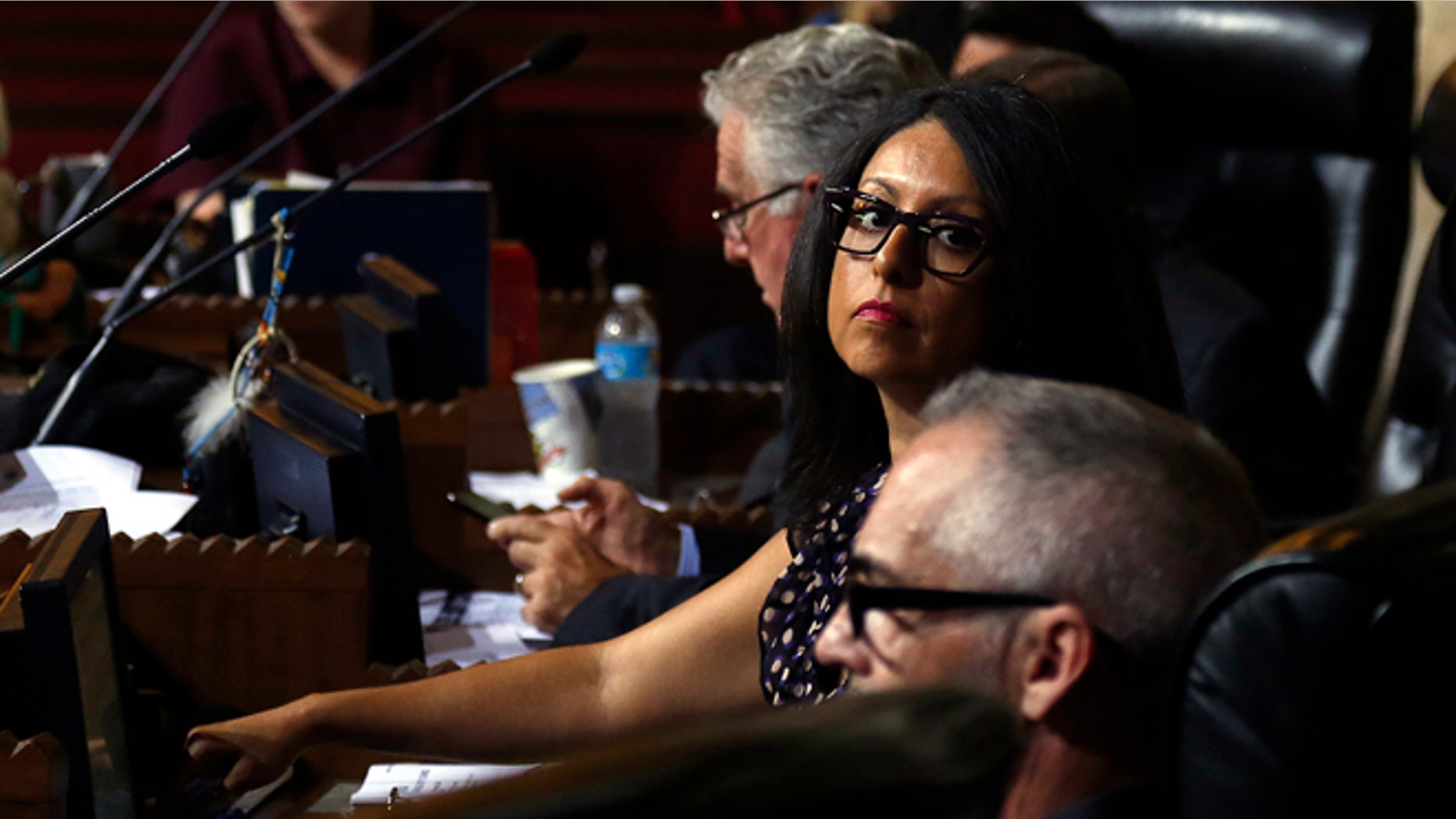 Council member Nury Martinez and the rest of the Los Angeles City Council discuss and vote to approve the permit process that would allow Uber and Lyft to apply to gain access to Los Angeles International Airport for picking up fares. ( Rick Loomis / Los Angeles Times via Getty Images )