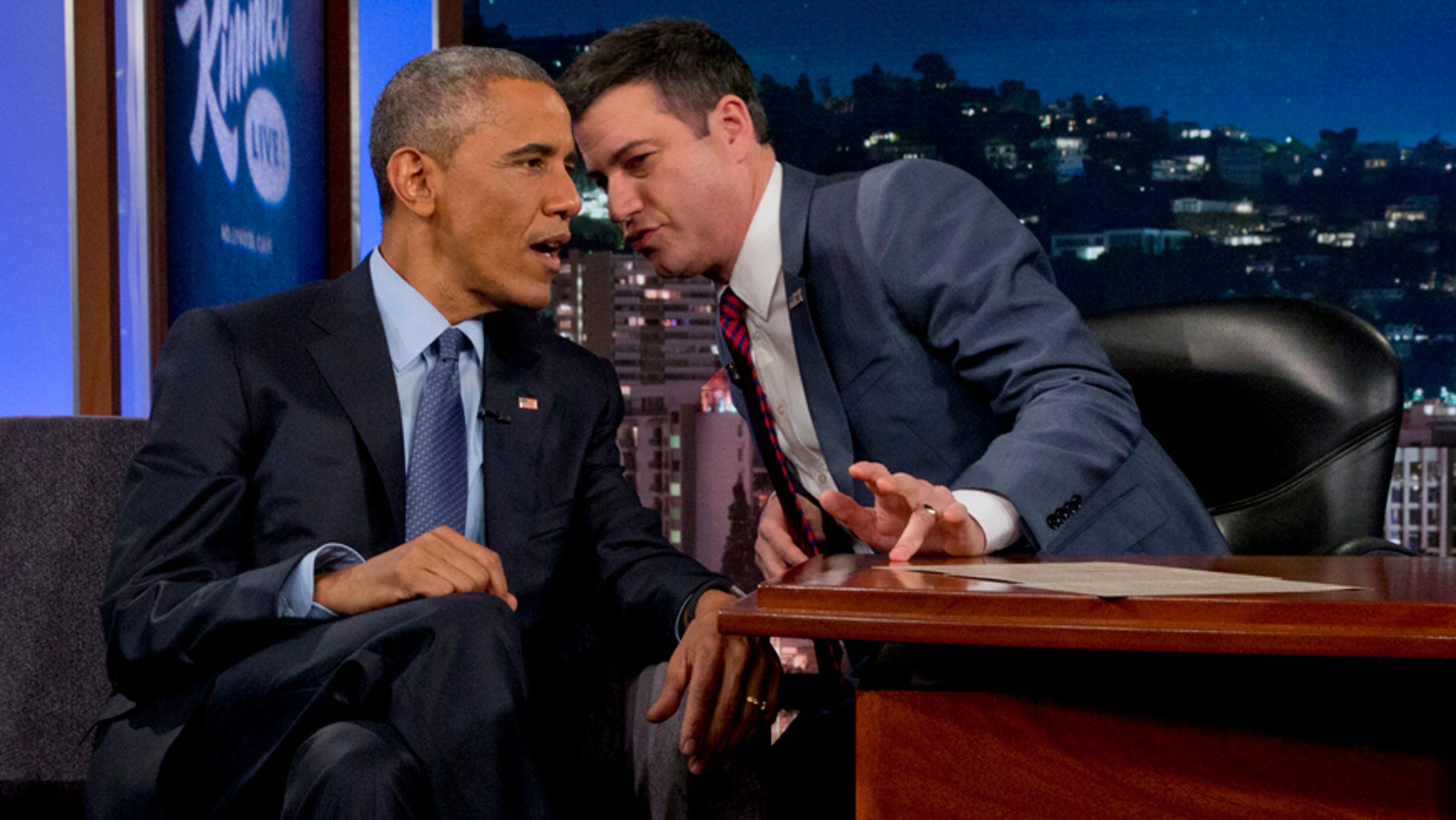 President Barack Obama talks with Jimmy Kimmel during a break in taping on Jimmy Kimmel Live, in Los Angeles Thursday, March 12, 2015. After the taping the president is expected to attend a DNC event.