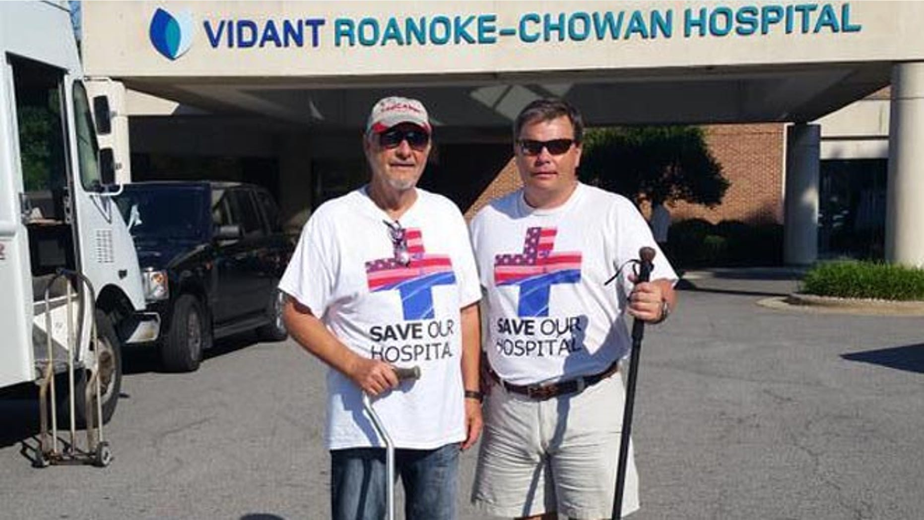 July 17, 2014: Bellhaven (N.C.) Mayor Adam O'Neal (R) in Virginia with unidentified companion during his 273-mile trek to Washington.