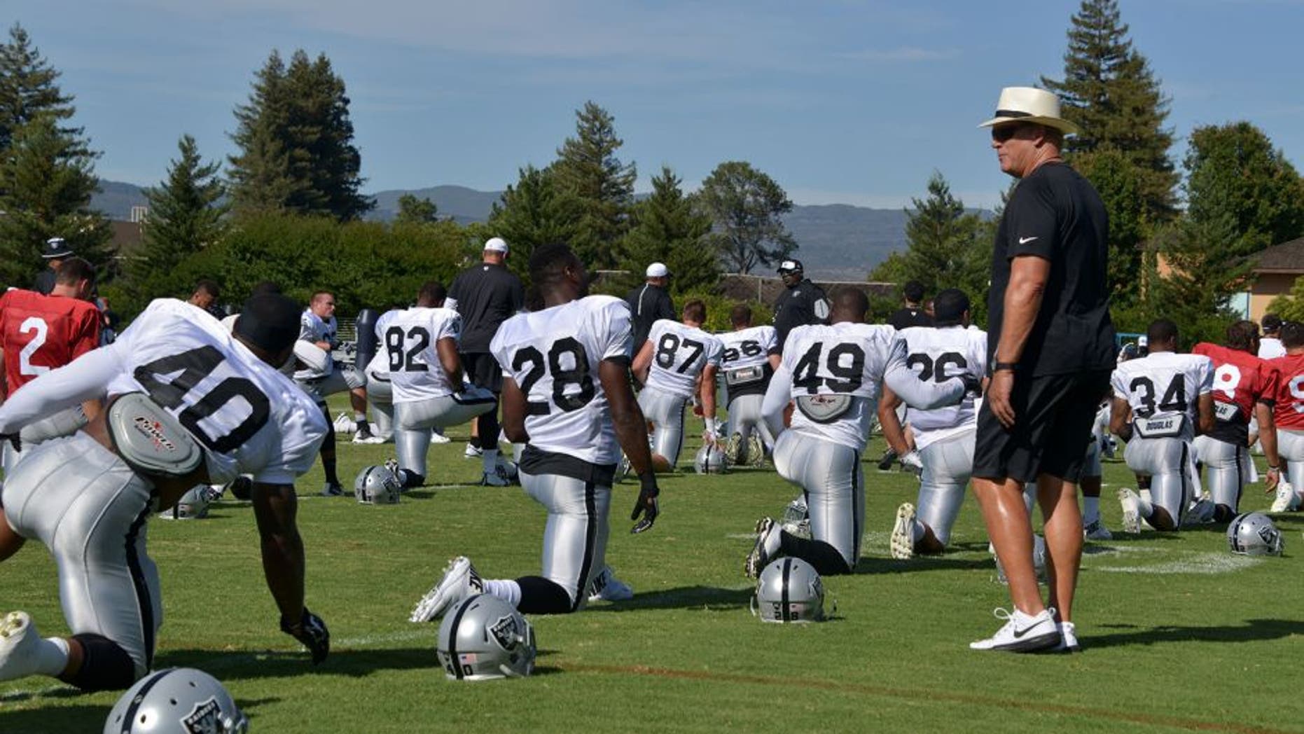 Aug 2, 2015; Napa, CA, USA; Oakland Raiders coach Jack Del Rio at training camp at the Napa Valley Marriott. Mandatory Credit: Kirby Lee-USA TODAY Sports
