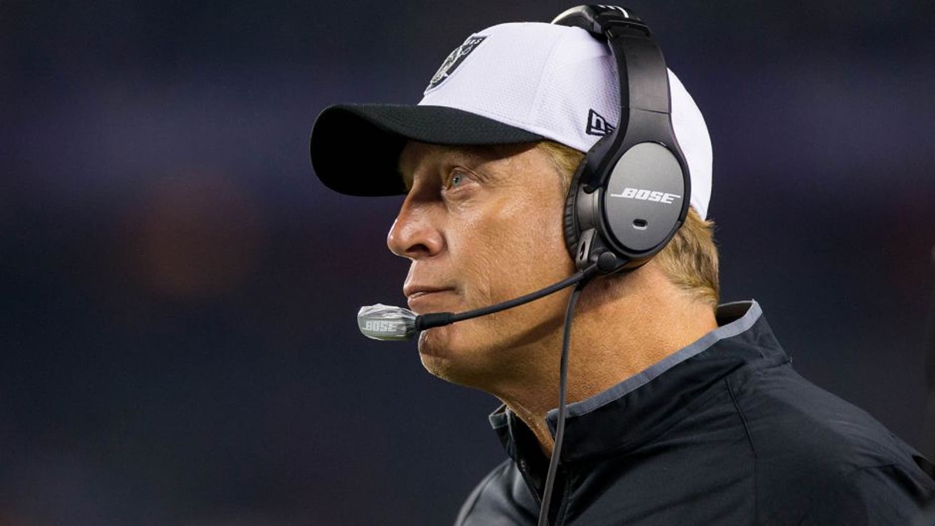 Aug 22, 2015; Minneapolis, MN, USA; Oakland Raiders head coach Jack Del Rio in the second quarter against the Minnesota Vikings at TCF Bank Stadium. The Minnesota Vikings beat the Oakland Raiders 20-12. Mandatory Credit: Brad Rempel-USA TODAY Sports