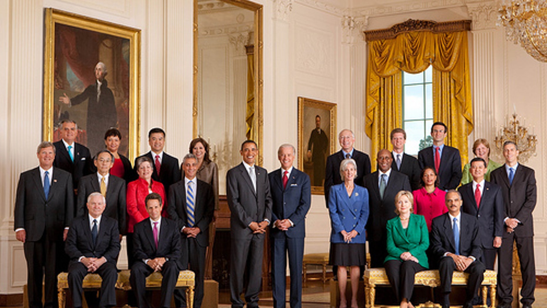 President Barack Obama and Vice President Joe Biden pose with the full Cabinet for an official group photo in the East Room of the White House on Sept. 10, 2009.