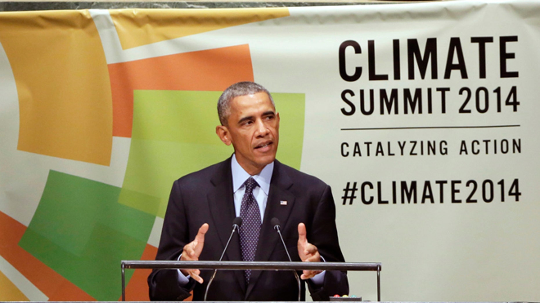 United States President Barack Obama addresses the Climate Summit, at United Nations headquarters, Tuesday, Sept. 23, 2014. (AP Photo/Richard Drew)