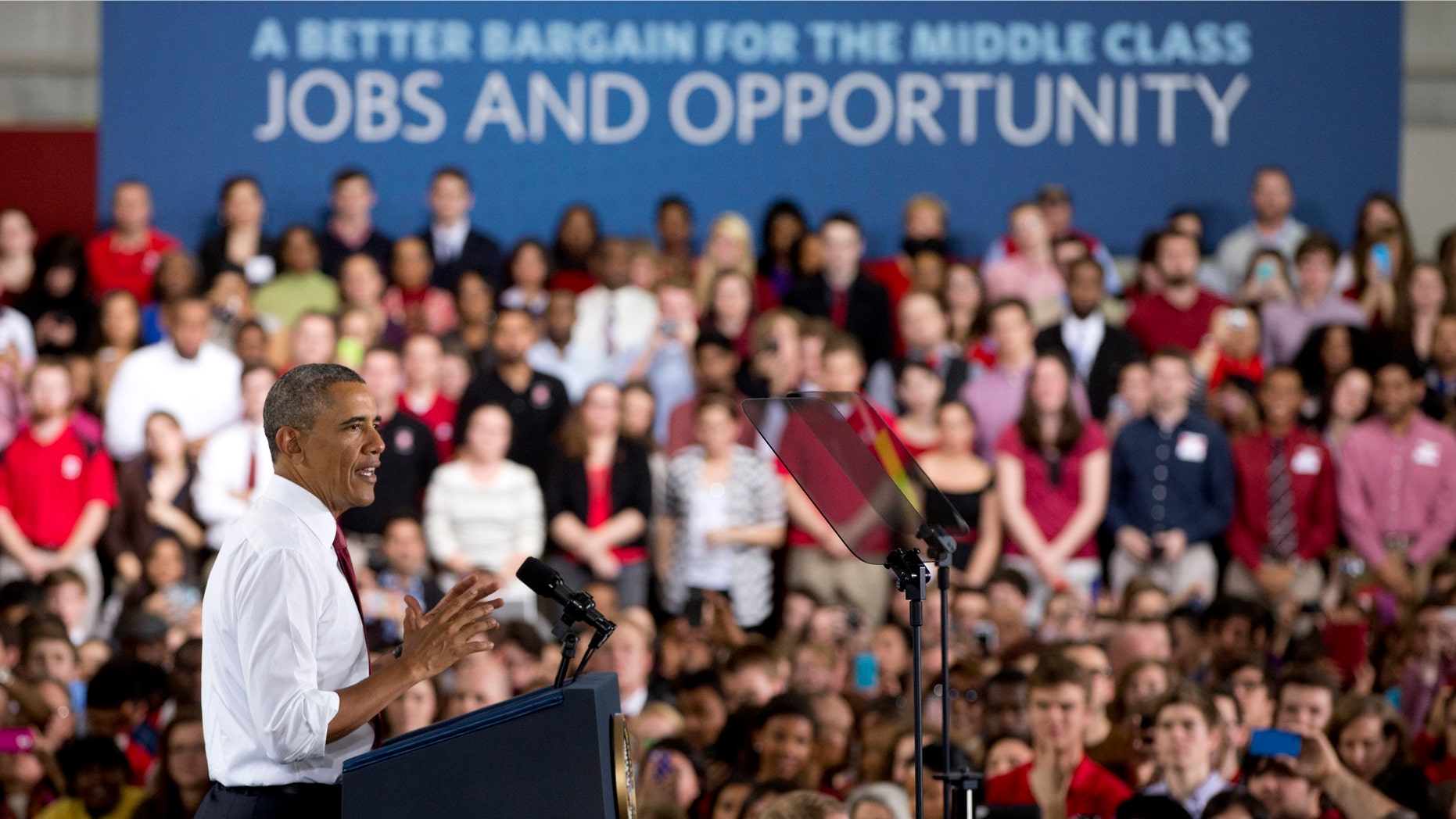 President Barack Obama gestures as he speaks about the economy, jobs, and manufacturing, Wednesday, Jan. 15, 2014, at North Carolina State University in Raleigh, N.C. (AP Photo/Carolyn Kaster)