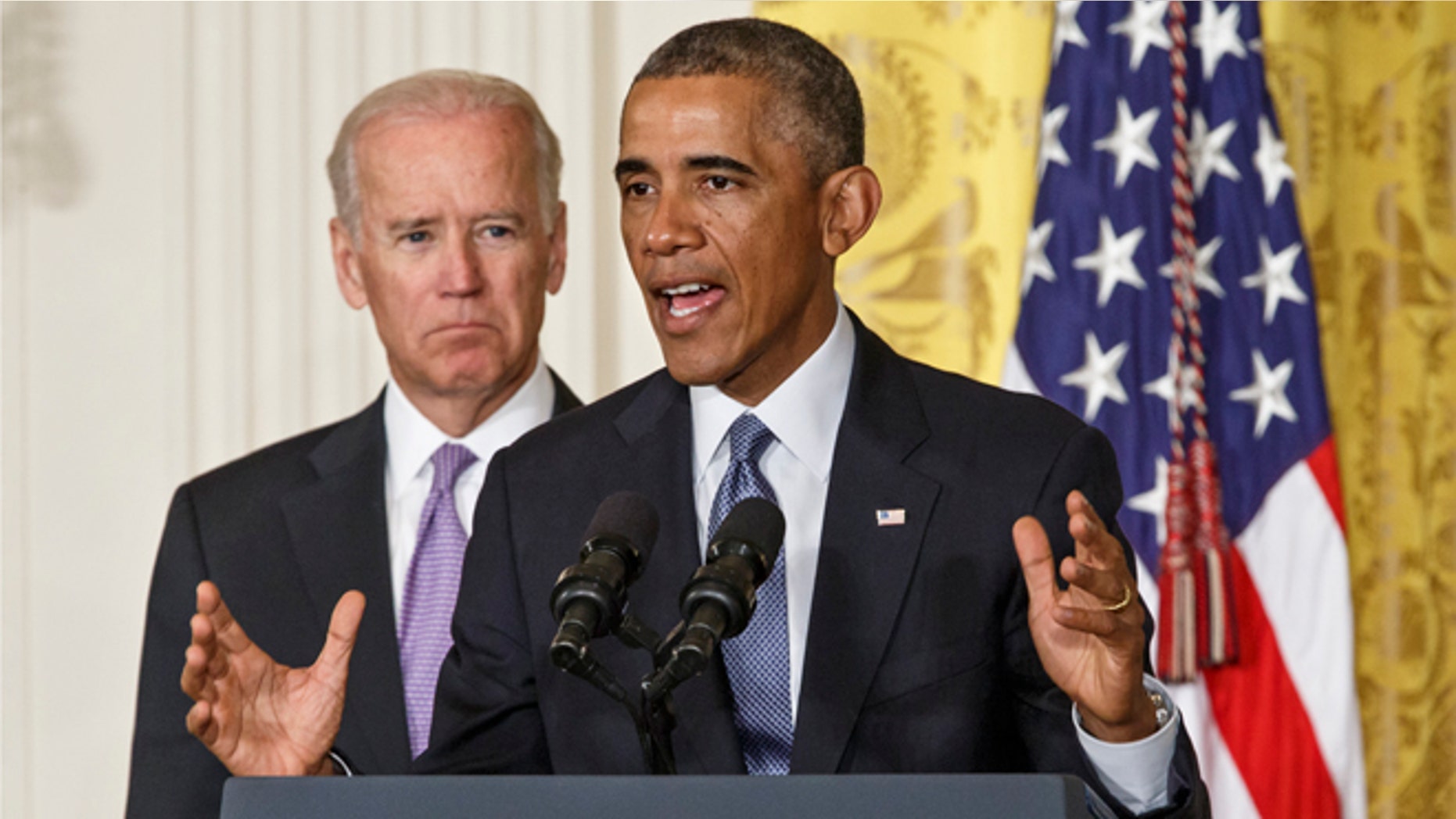 In this Friday, Sept. 19, 2014 photo, President Obama, with Vice President Biden, left, outlines the 'It's On Us' campaign to help colleges and universities to prevent and respond to sexual assault on campus, at the White House in Washington.