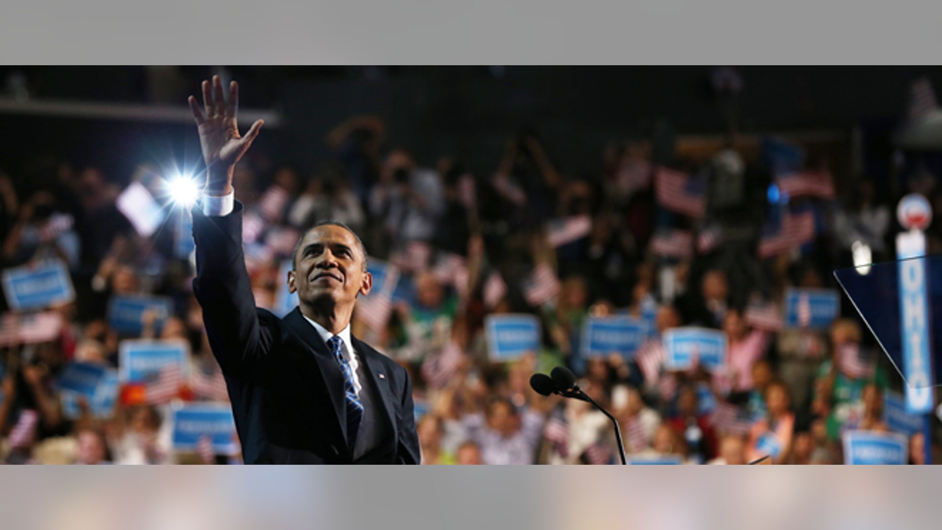 CHARLOTTE, NC - SEPTEMBER 06: Democratic presidential candidate, U.S. President Barack Obama waves on stage during the final day of the Democratic National Convention at Time Warner Cable Arena on September 6, 2012 in Charlotte, North Carolina. The DNC, which concludes today, nominated U.S. President Barack Obama as the Democratic presidential candidate. (Photo by Justin Sullivan/Getty Images)