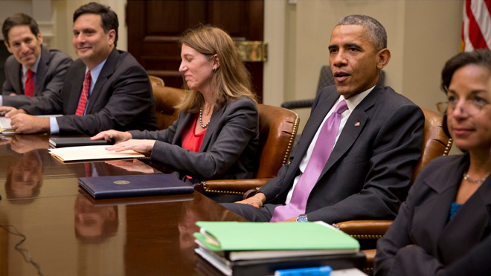 Nov. 4, 2014: President Barack Obama meets with, from left, Centers for Disease Control and Prevention director Dr. Thomas Frieden, Ebola coordinator Ron Klain, Health and Human Services Secretary Sylvia Burwell National Security Adviser Susan Rice, and members of the president's national security and public health teams to receive an update on the Ebola response in the Roosevelt Room of the White House in Washington. (AP)