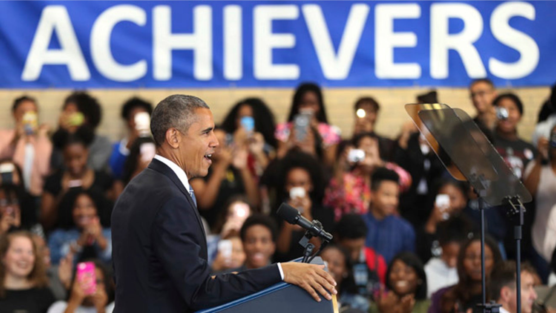 President Barack Obama speaks to students, teachers and invited guests at Benjamin Banneker Academic High School in Washington, Monday, Oct. 17, 2016, to highlight the progress his administration has made over the last eight years to improve education across the country. (AP Photo/Manuel Balce Ceneta)