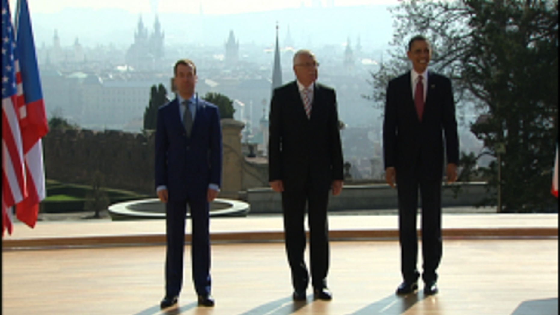 The 3 Presidents posing for photos outside Prague Castle
