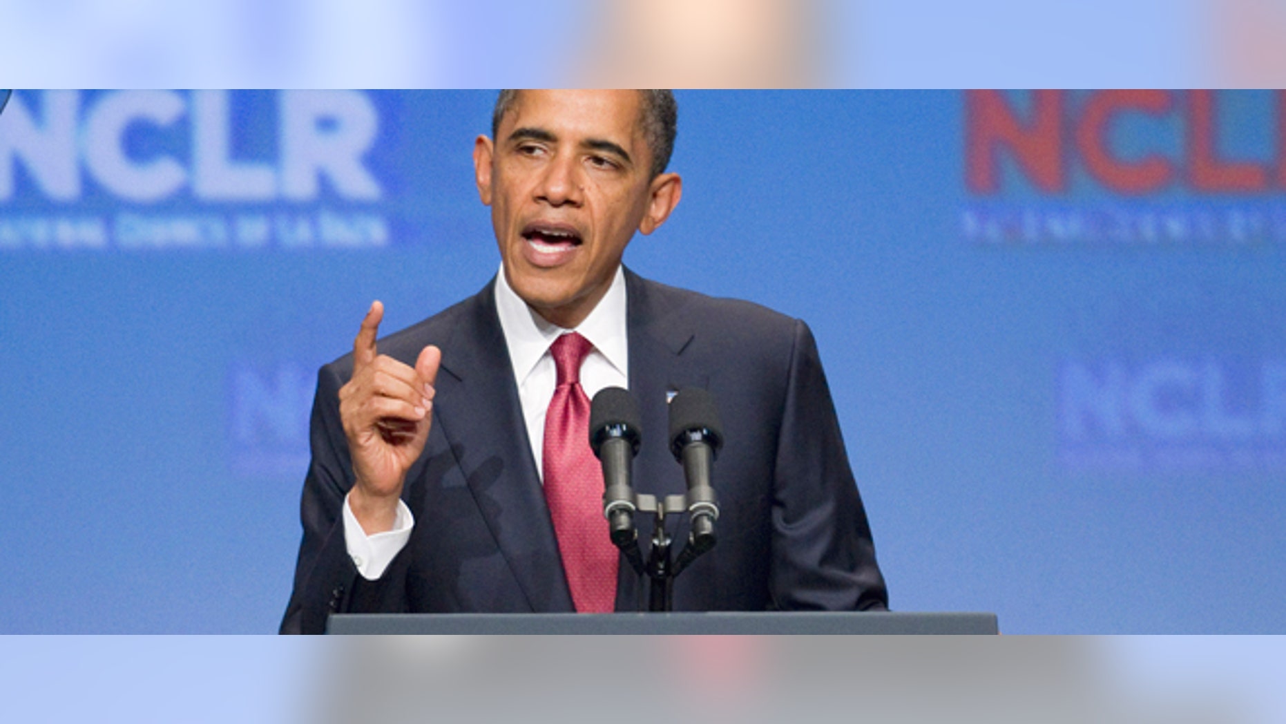 President Barack Obama gestures while addressing the annual National Council of La Raza conference in Washington, Monday, July 25, 2011. (AP Photo/Evan Vucci)