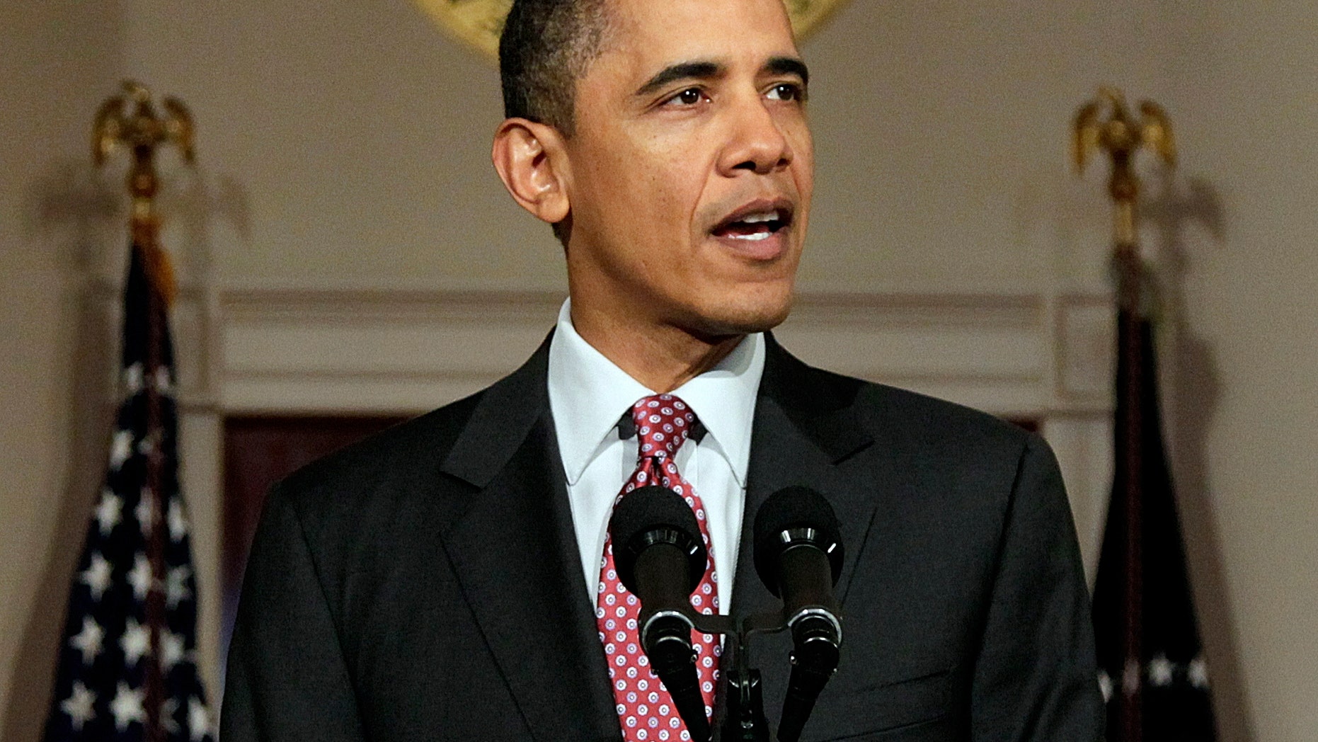 Feb. 11: President Barack Obama makes a statement on the resignation of Egypt's President Hosni Mubarak in the Grand Foyer at the White House in Washington. (AP)