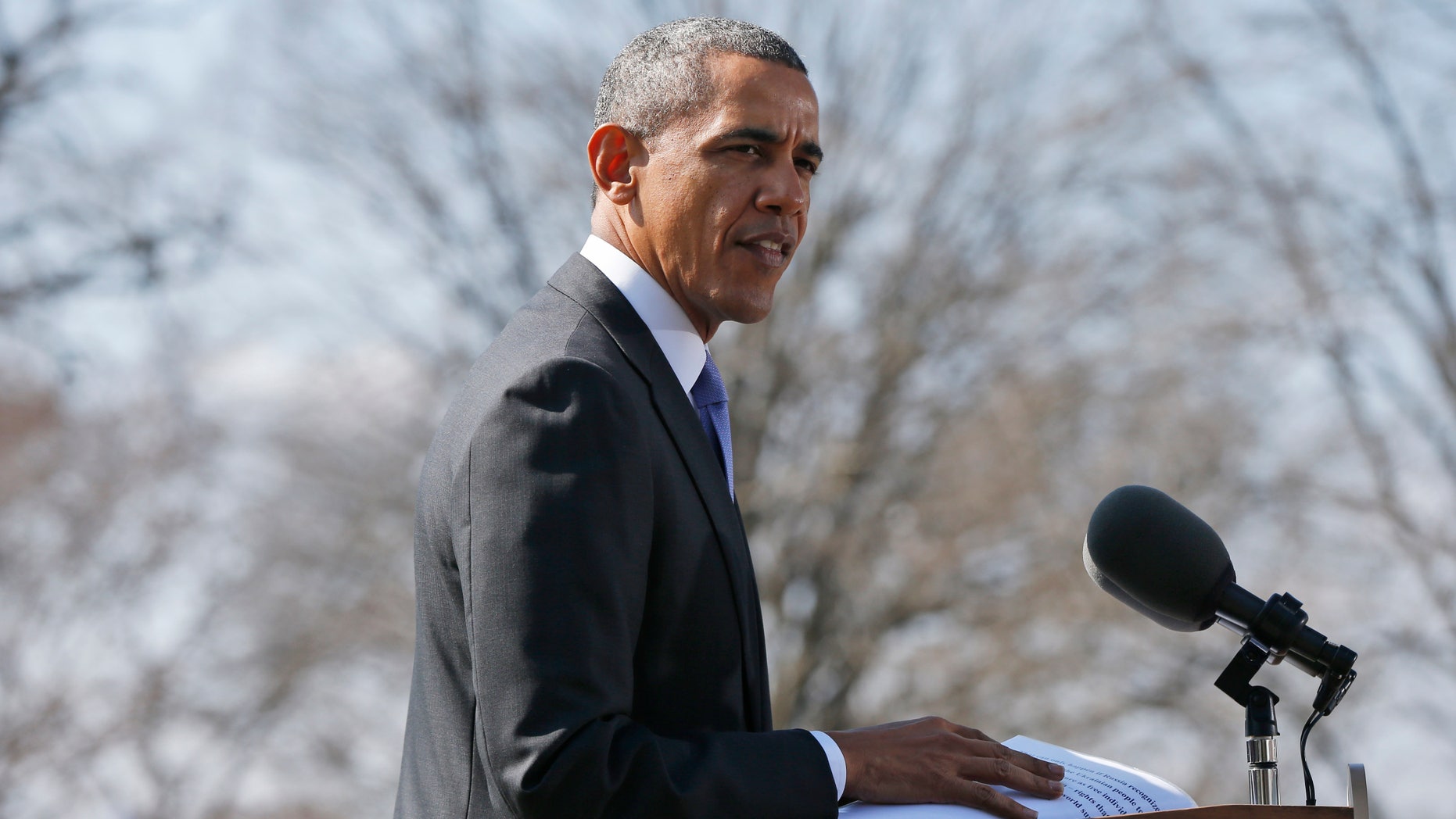 President Barack Obama makes a statement on Ukraine, Thursday, March 20, 2014, on the South Lawn at the White House.