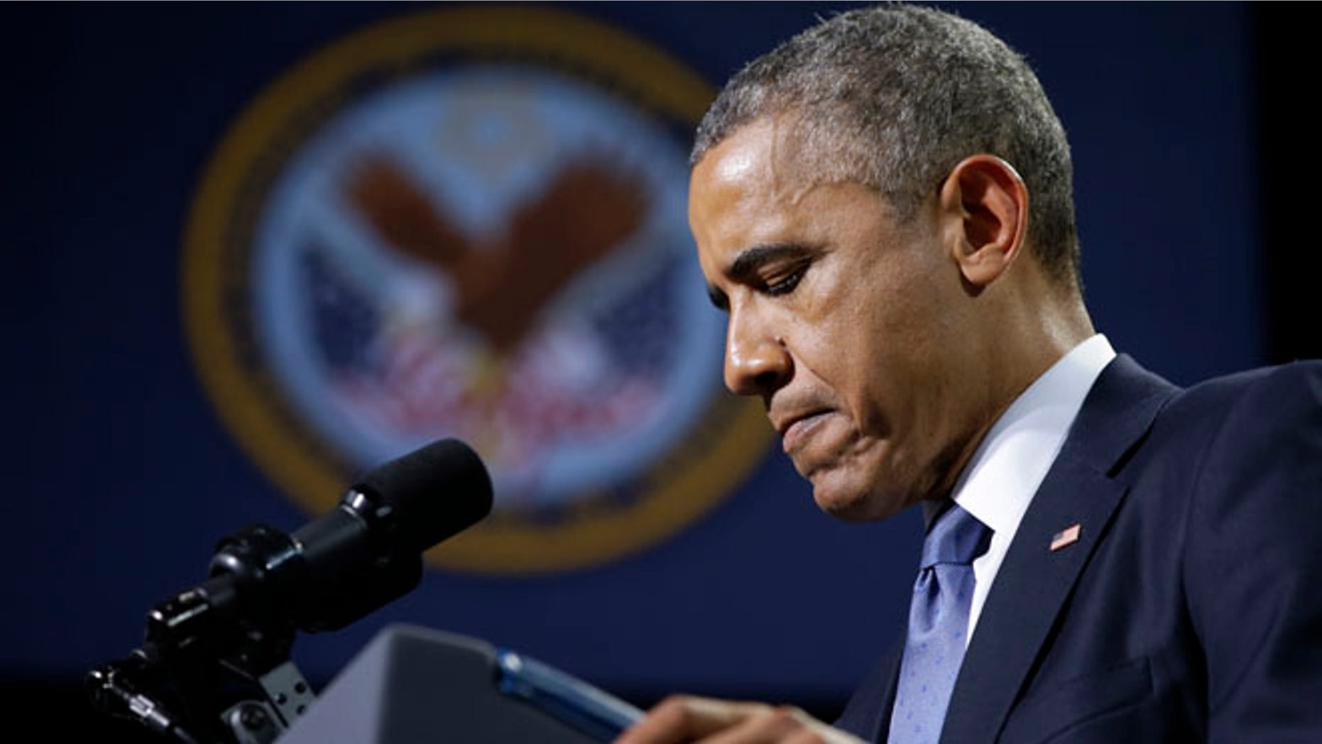President Obama speaking about the Veterans Access to Care through Choice, Accountability, and Transparency Act of 2014, Thursday, Aug. 7, 2014, at the Wallace Theater in Fort Belvoir, Va.