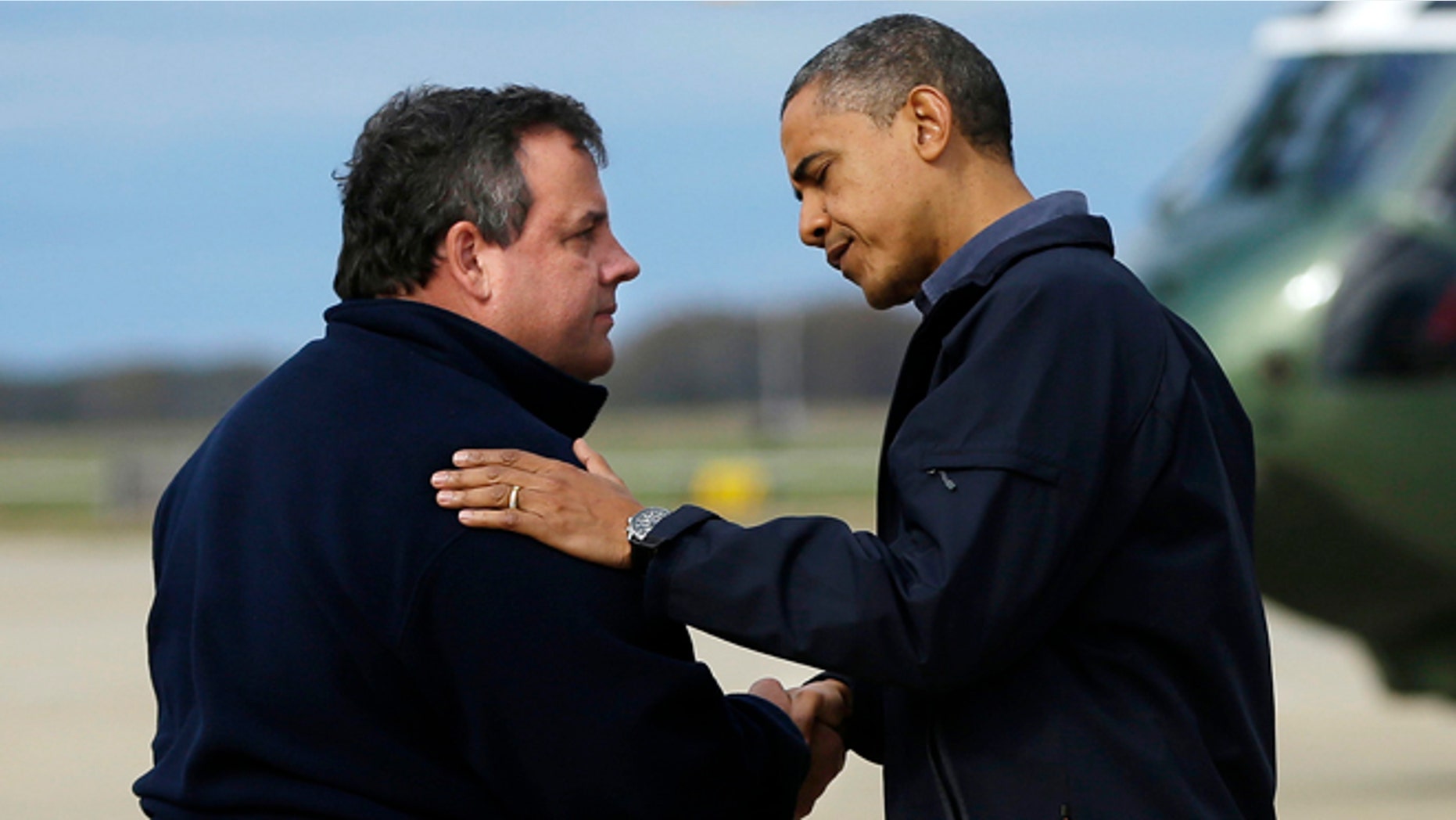 Oct. 31, 2012: President Barack Obama is greeted by New Jersey Gov. Chris Christie upon his arrival at Atlantic City International Airport in Atlantic City, NJ.
