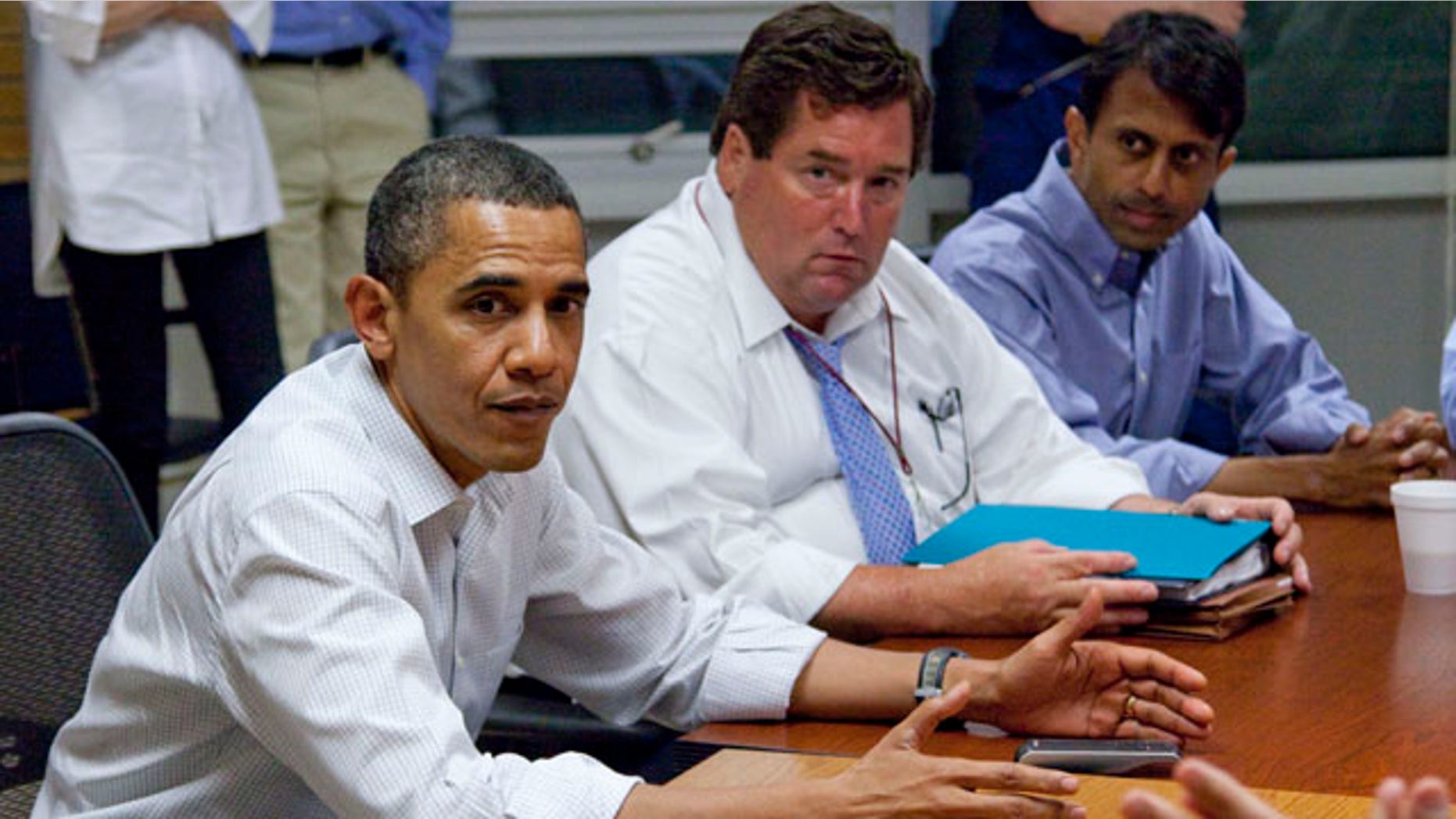 May 28: Obama, accompanied by Plaquemines Parish President Billy Nungesser,and Louisiana Gov. Bobby Jindal, gets a briefing on the oil spill at the U.S. Coast Guard Station in Grand Isle, La. (AP)