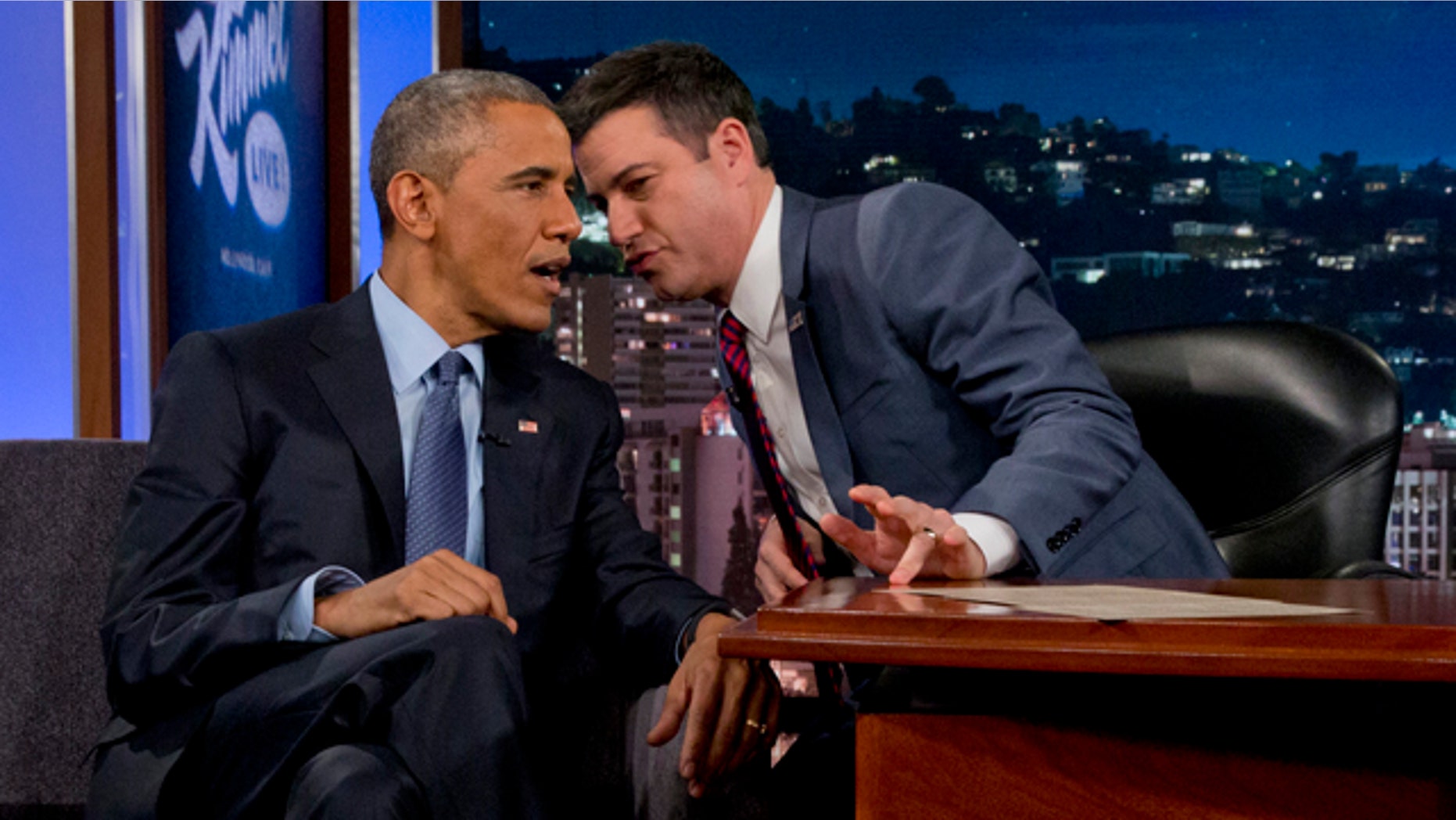 March 12, 2015: President Barack Obama talks with Jimmy Kimmel during a break in taping on 'Jimmy Kimmel Live'. (AP Photo/Jacquelyn Martin)