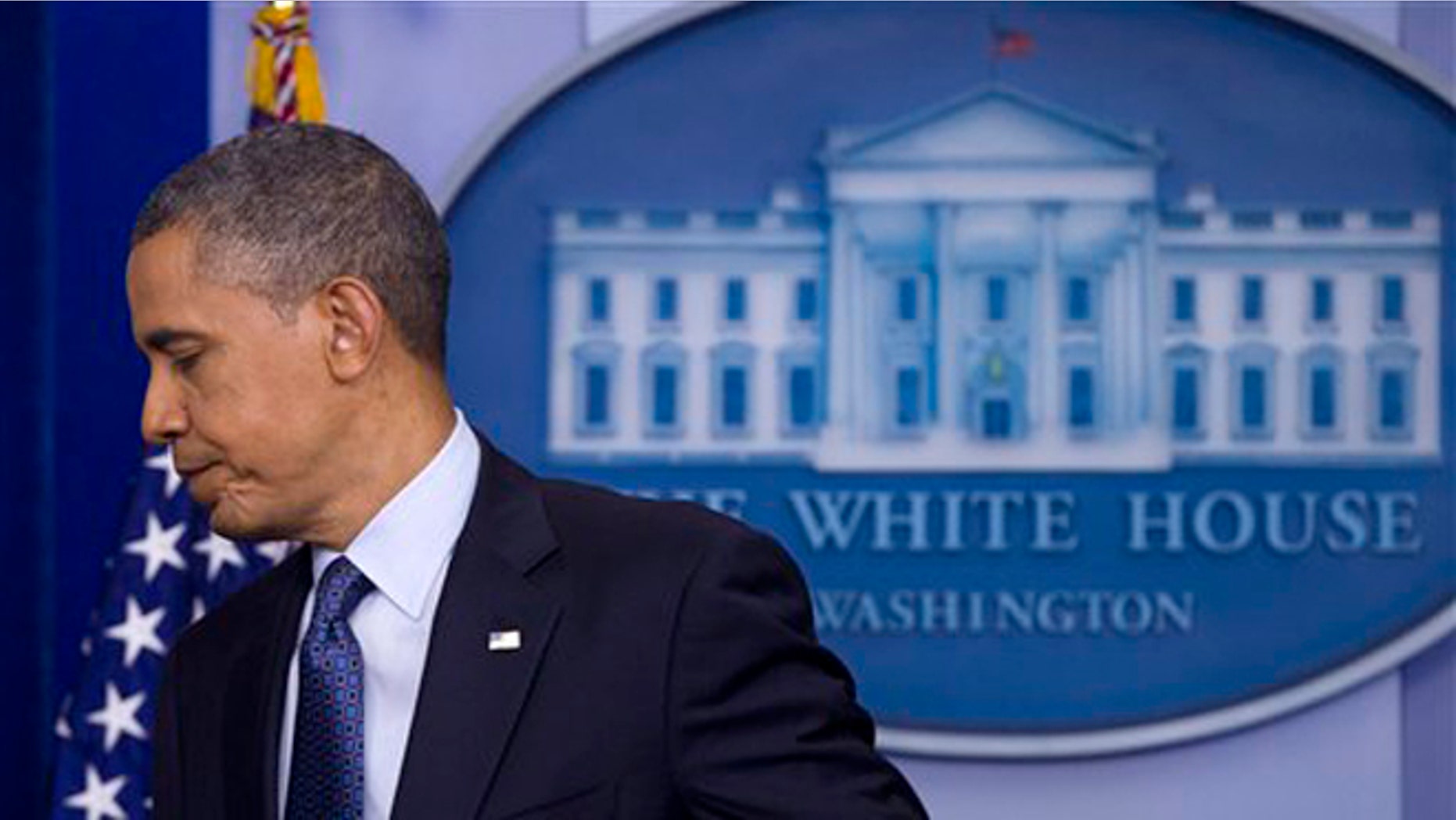 June 8, 2012: President Barack Obama leaves after speaking about the economy in the White House briefing room.
