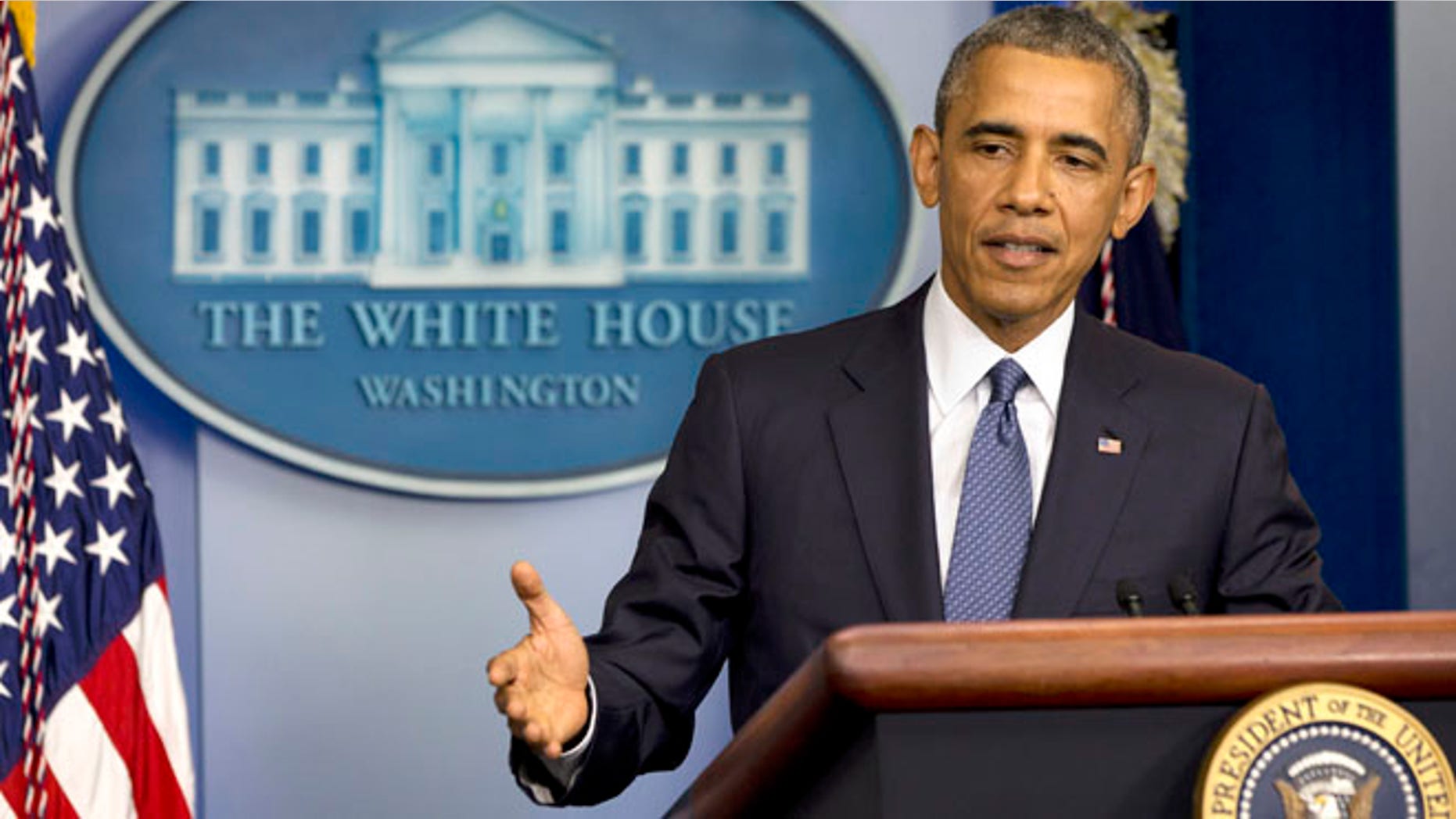 President Barack Obama speaks in the Brady Press Briefing Room of the White House in Washington, Friday, Aug. 1, 2014.