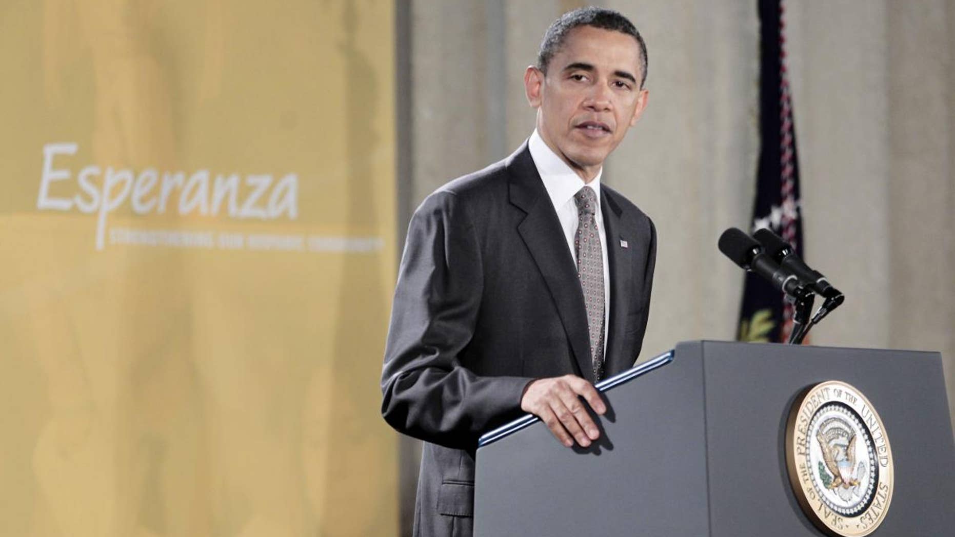 President Barack Obama delivers remarks at the National Hispanic Prayer Breakfast at the Mellon Auditorium in Washington, Thursday, May 12, 2011. (AP Photo/Pablo Martinez Monsivais)
