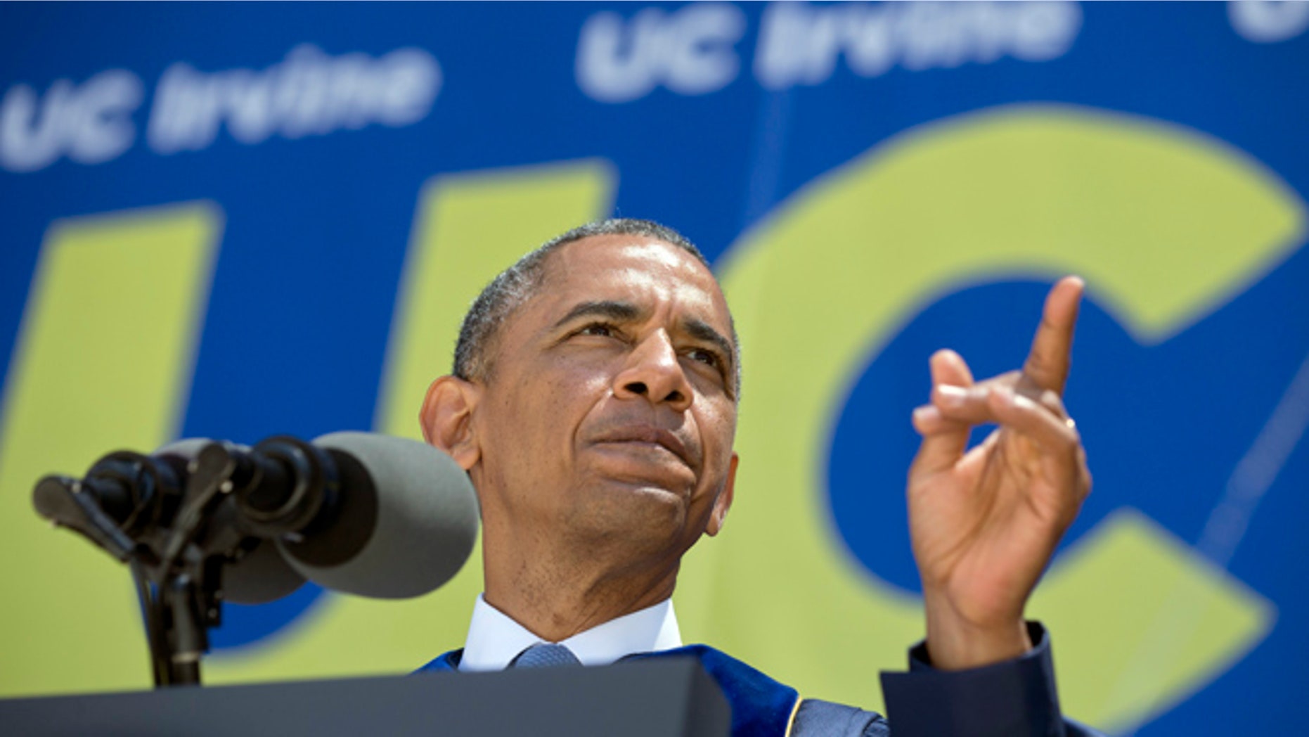 June 14, 2014: President Obama talks to the graduating class of the University of California, Irvine, at Angel Stadium in Anaheim, Calif.