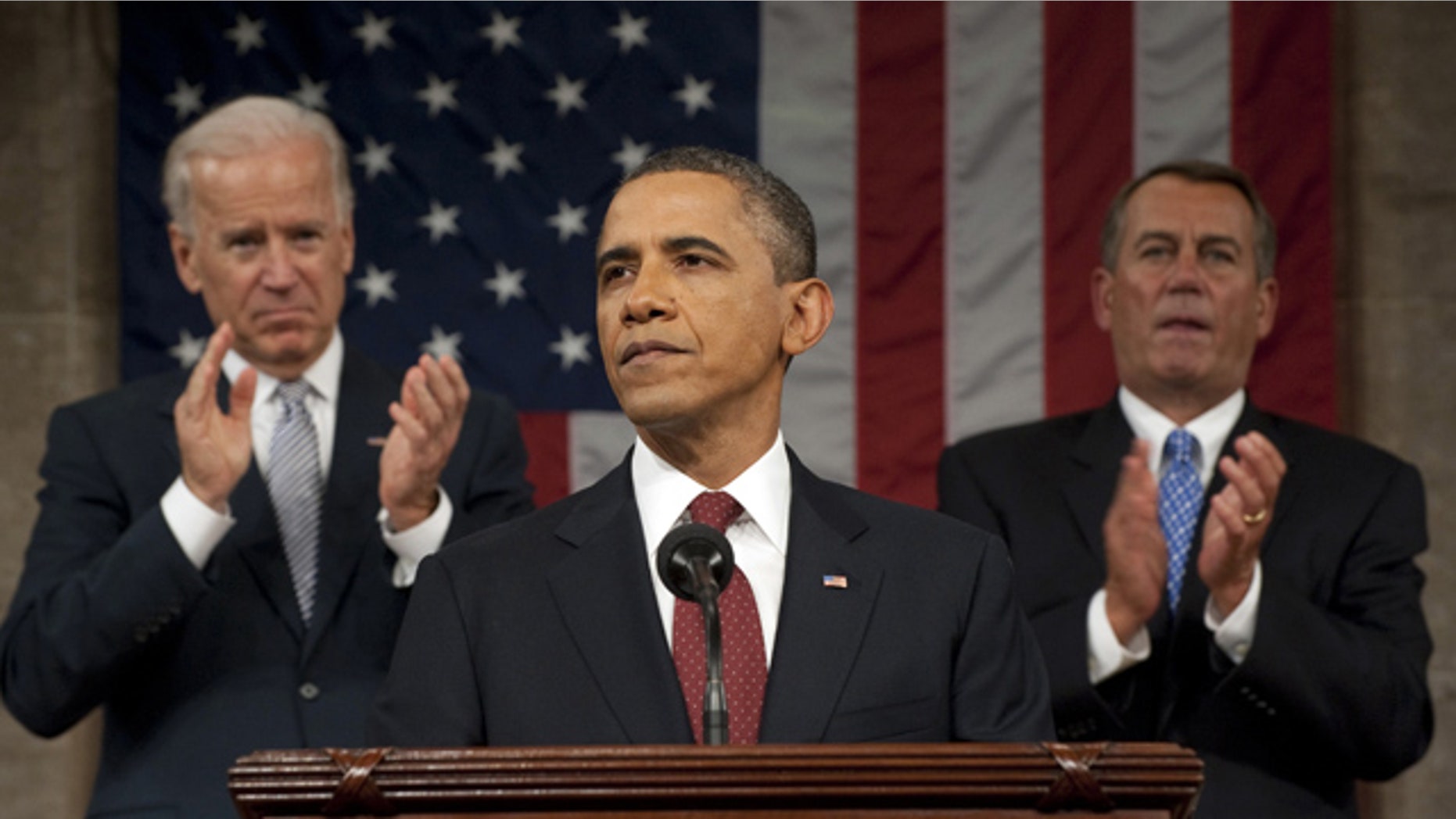 FILE -- Jan. 24, 2013: President Obama delivers his State of the Union address on Capitol Hill, as Vice President Joe Biden and House Speaker John Boehner, right, applaud.
