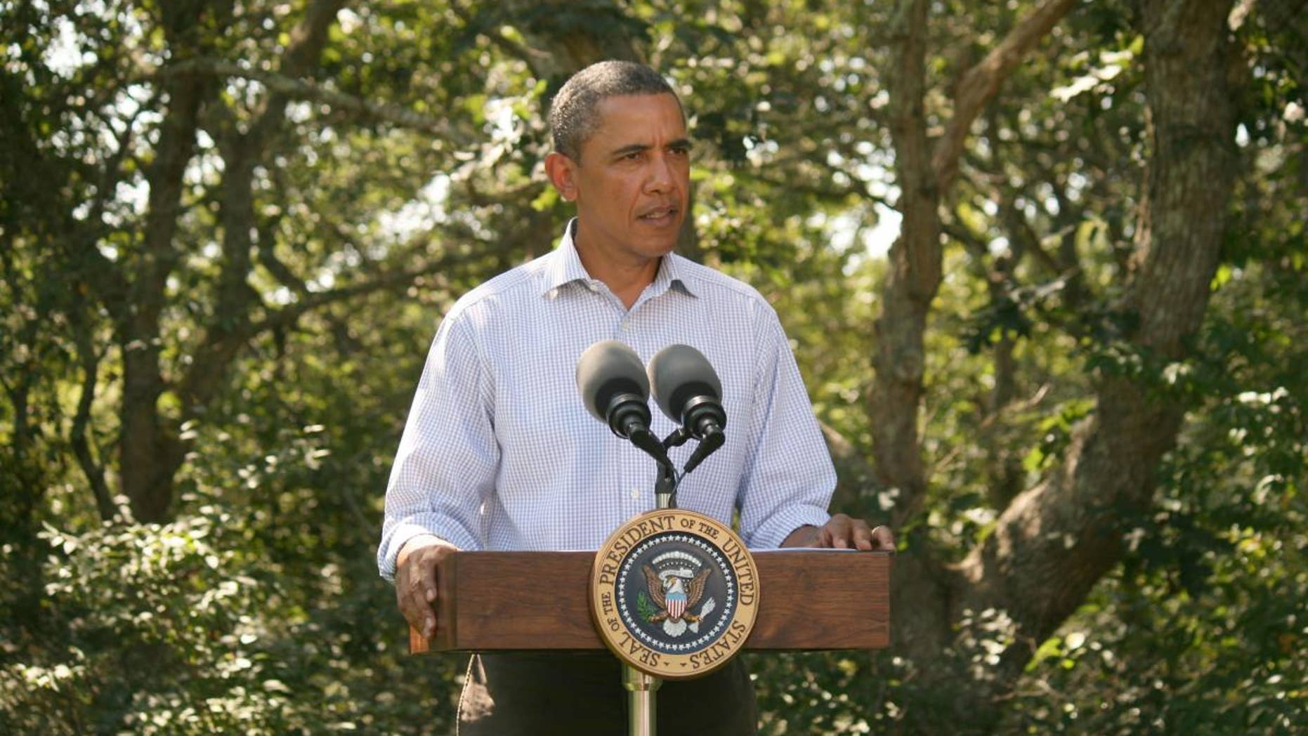 President Obama delivers a statement on Hurricane Irene from Martha's Vineyard Friday morning. (Pool Photo)