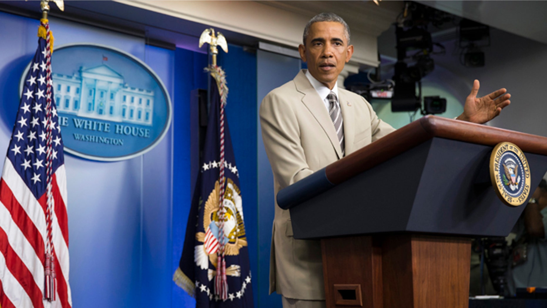 President Barack Obama in the James Brady Press Briefing Room of the White House in Washington, Thursday, Aug. 28, 2014.