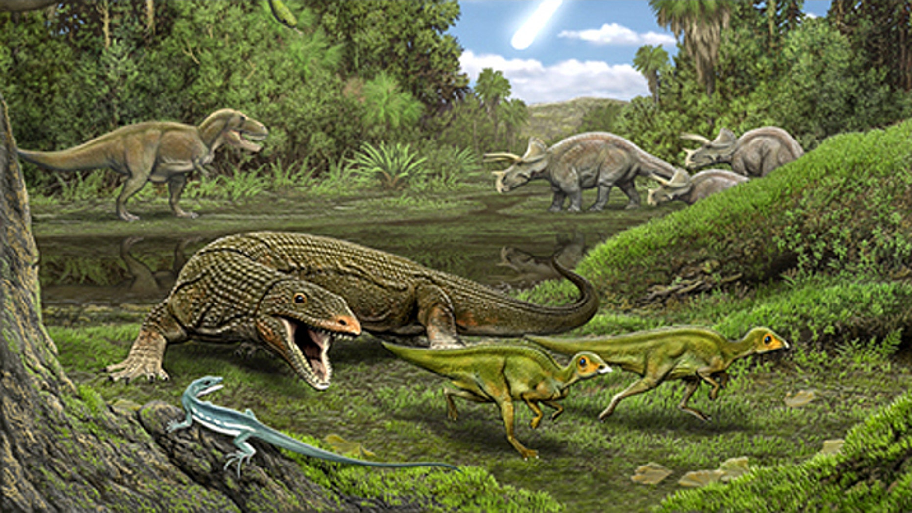 A carnivorous lizard stalks a pair of hatchlings as the lizard Obamadon looks on.