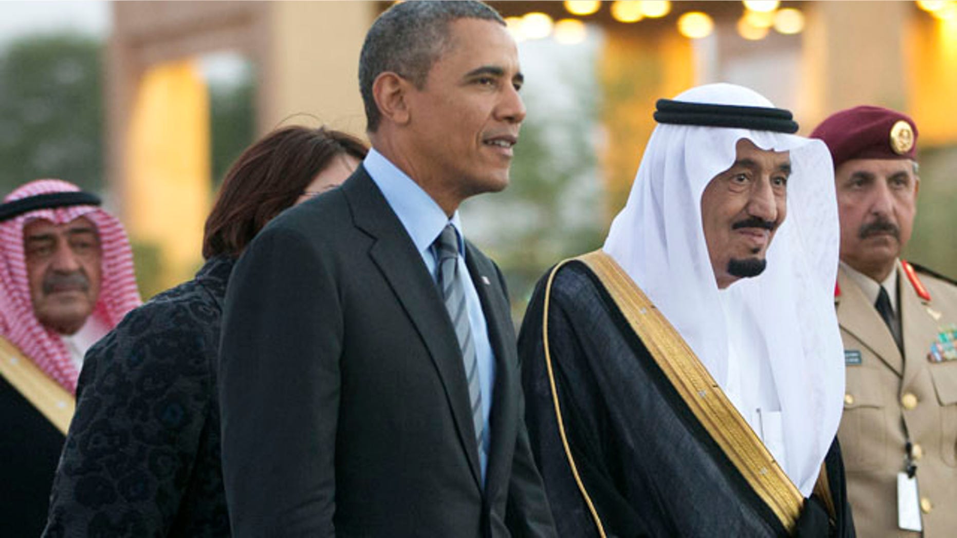 Mar. 28, 2014: Saudi Arabia's Crown Prince Salman bin Abdulaziz Al Saud, escort President Obama to his meeting with Saudi King Abdullah at Rawdat Khuraim, Saudi Arabia.