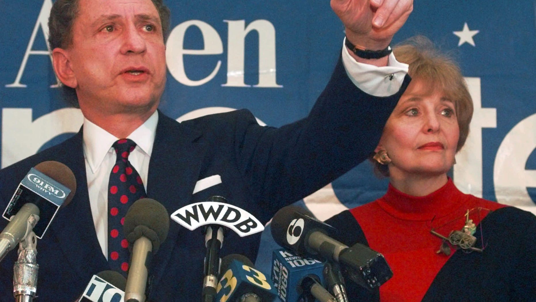 Nov. 22, 1995: File photo, Sen. Arlen Specter, R-Pa., points to a reporter during a news conference in Philadelphia, where he announced that he is dropping out of the 1996 Presidential race. Former U.S. Sen. Arlen Specter, longtime Senate moderate and architect of one-bullet theory in JFK death, died Sunday, Oct. 14, 2012. He was 82.