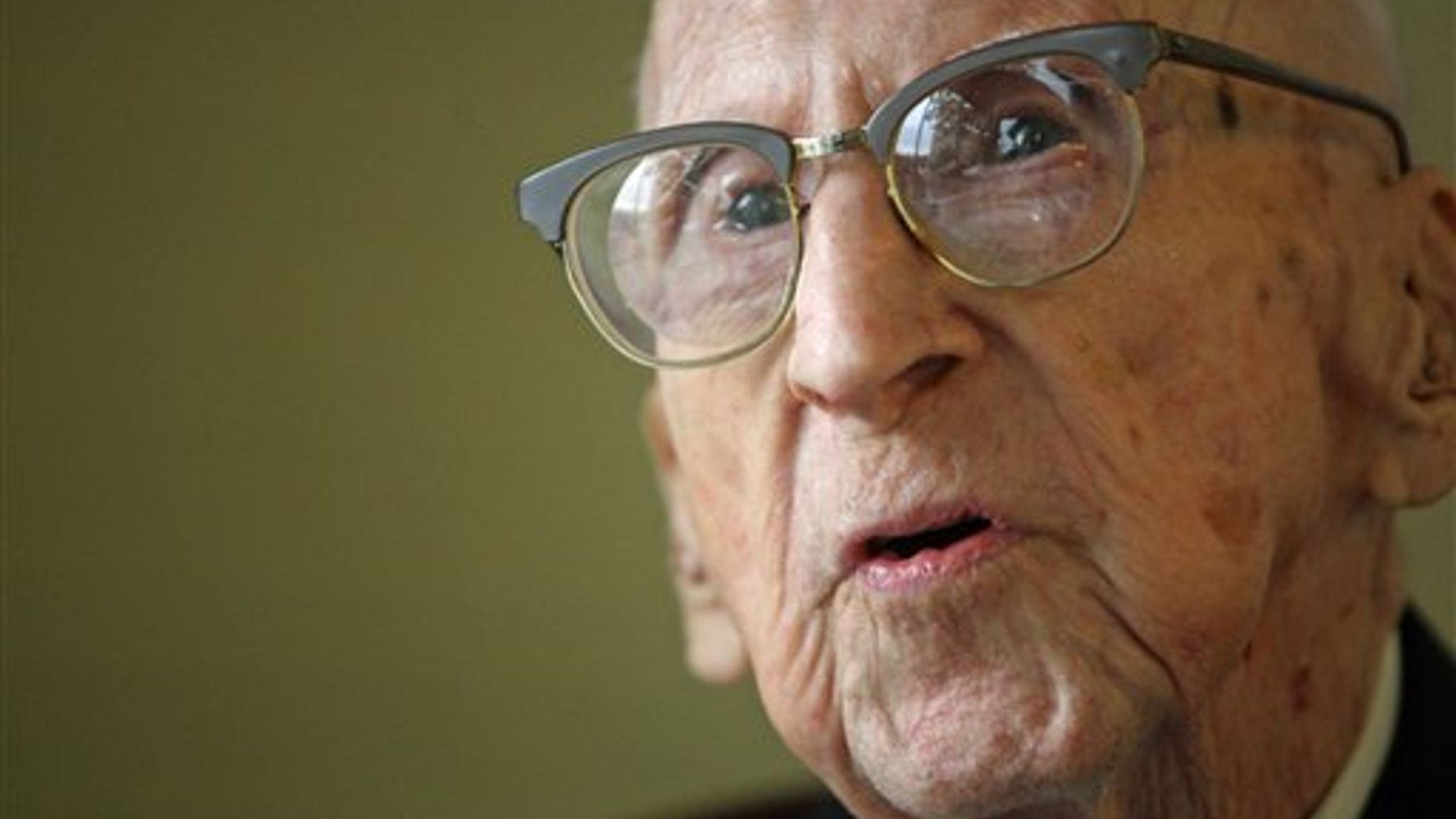114-year-old Walter Breuning sits for an interview with a reporter for the Associated Press in the lobby of his senior residence in Great Falls, Mont, on Oct. 6, 2010. Officials at a Montana retirement home say the world's oldest man has died. Walter Breuning was 114, making him the oldest man and the second-oldest person in the world. (AP)