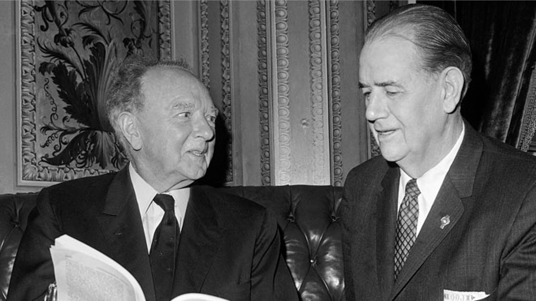 Sen. Harry F. Byrd, D-Va.,left, and Sen. Olin Johnston, D-S.C. in a Senate cloak room on Capitol Hill in Washington as the debate on the House-passed civil rights bill moved into its 31st day. April 15, 1964.