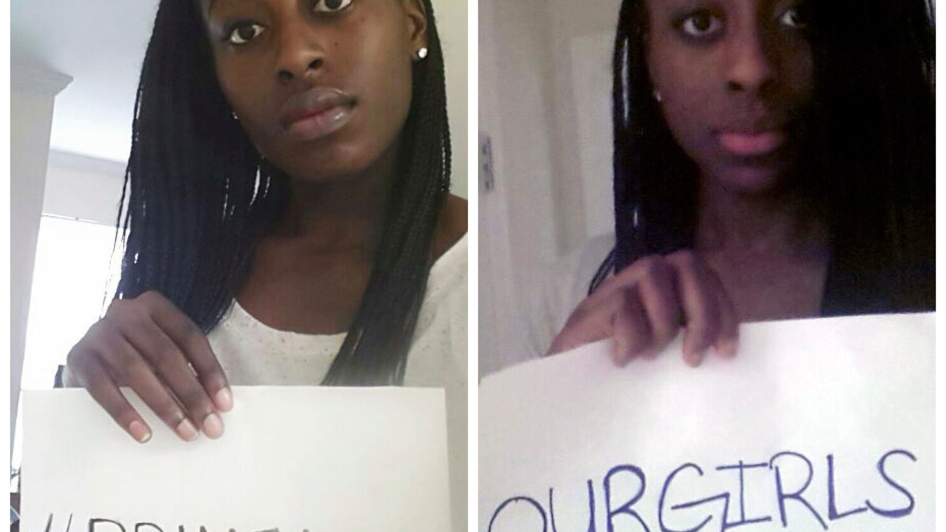 In this undated combination photo made of images provided by Nneka and Chiney Ogwumike, WNBA basketball sisters Nneka, right, and Chiney Ogwumike hold signs in reference to the recent mass kidnappings in Nigeria, their parents' homeland. The pair, who became only the second set of siblings to be drafted first in one of the major sports leagues, have already begun plans to work with the US Fund for UNICEF. They want to maximize their impact and help Nigeria's education and child protection programs. (AP Photo/Nneka and Chiney Ogwumike)