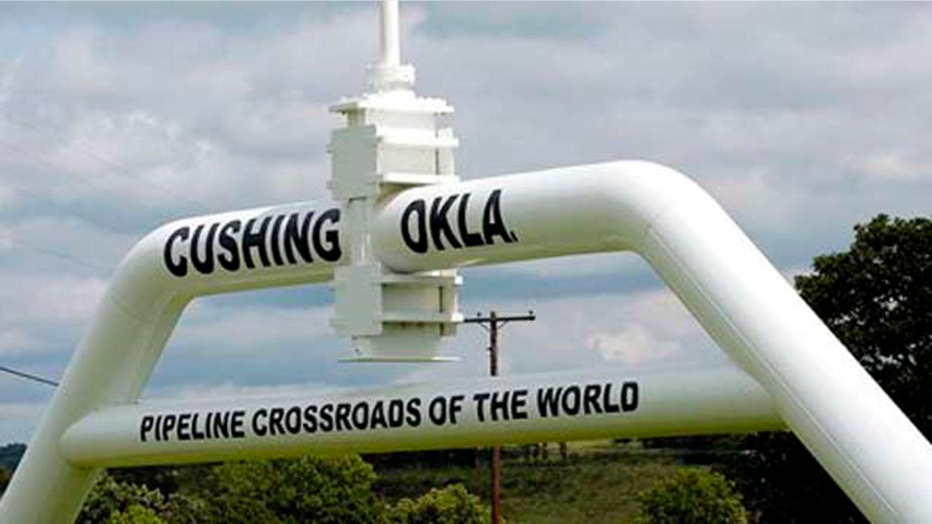FILE - The marker that welcomes commuters to Cushing, Okla. is seen in this photo.