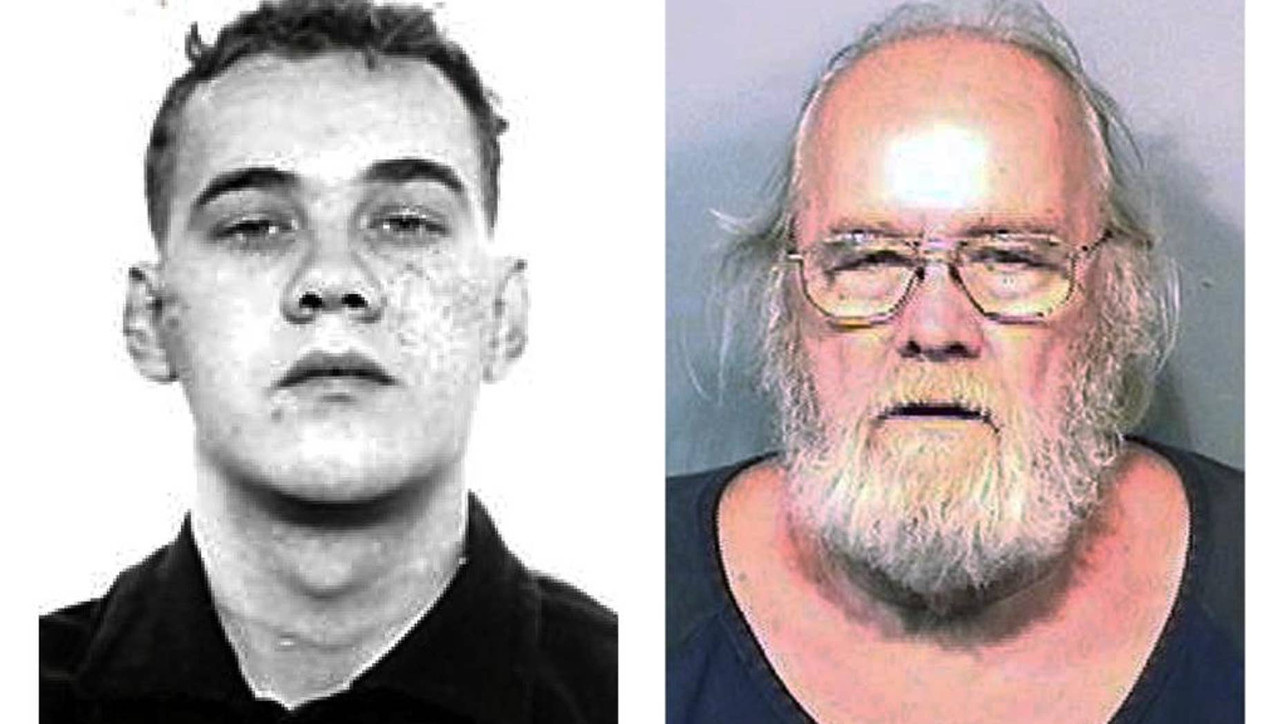 This combination photo shows Harold Frank Freshwaters, left, in a Feb. 26, 1959, Ohio State Reformatory photo provided by the U.S. Marshals Service, and right, in a May 4, 2015, booking photo provided by the Brevard County (Fla.) Sheriff's Office. Freshwaters, 79, of Akron, Ohio, disappeared from a northern Ohio prison camp in 1959 while serving time for manslaughter and was found this year in Florida, but won't face new escape-related charges in Ohio. (AP Photo/Ohio State Reformatory and Brevard County Sheriff's Office)