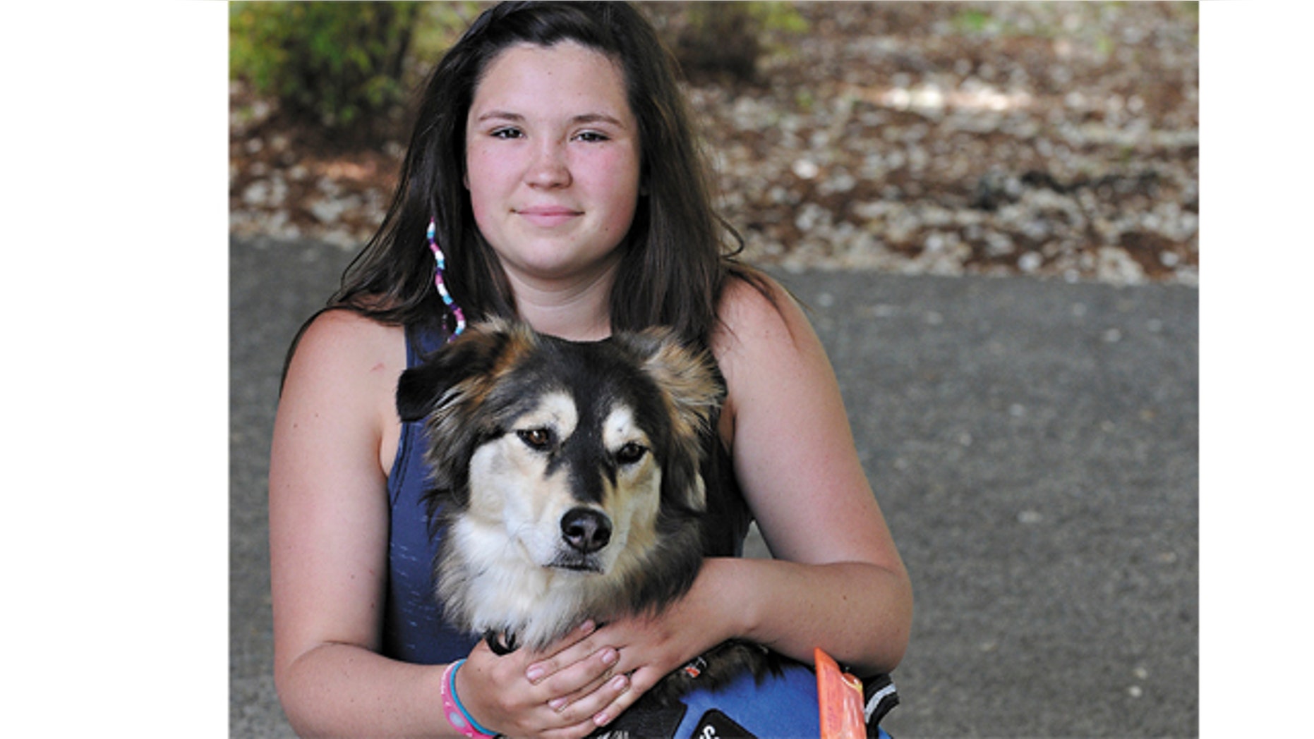 May 15, 2012: In this photo, Jordan Biggs poses for a photo with the service dog she calls "Bear" in Corvallis, Ore. A Portland, Ore., man said a 45-pound dog that leaped the fence of his house last year and vanished is named "Chase."