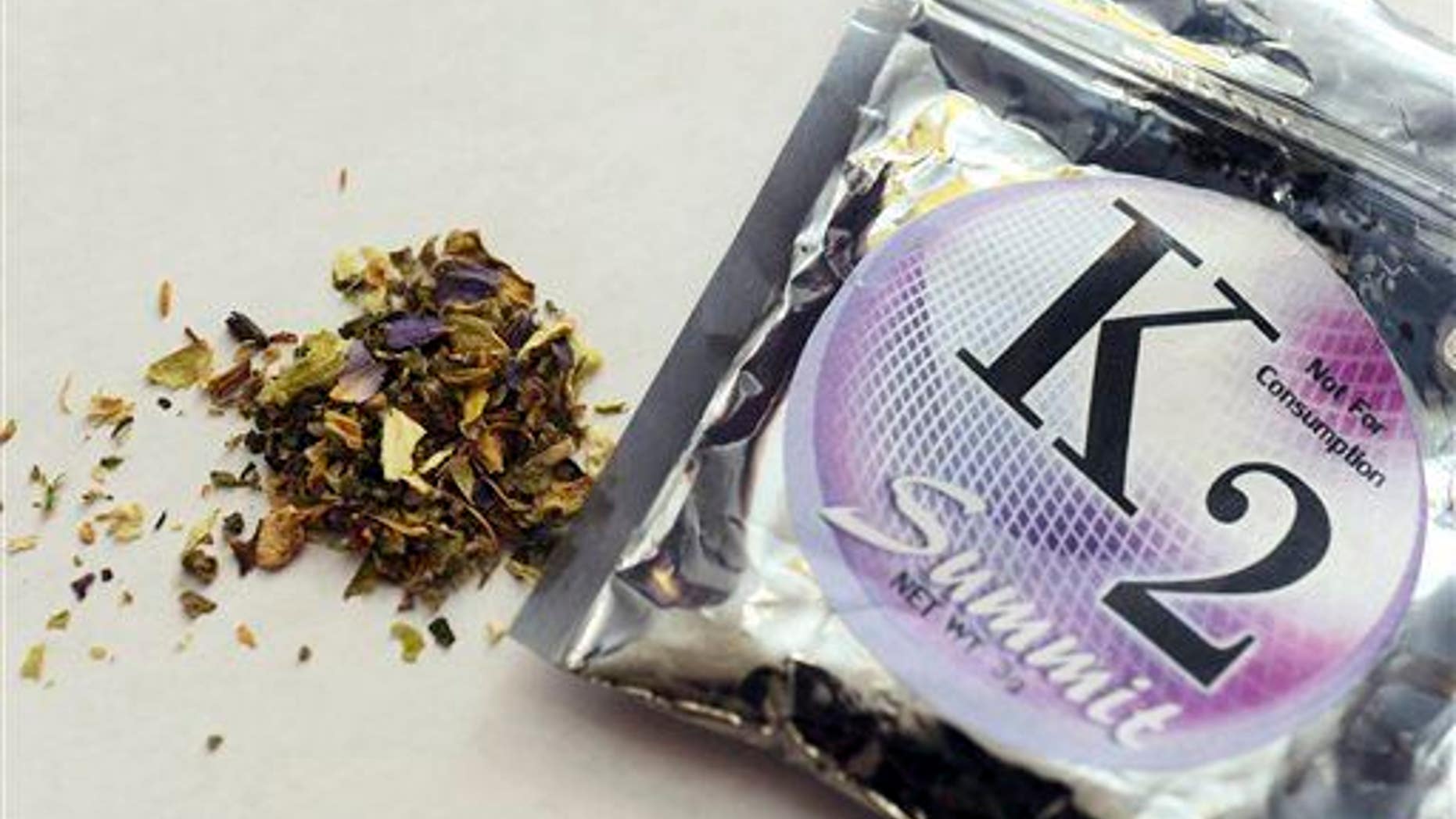 A package of synthetic marijuana, also known as Spice or K2.