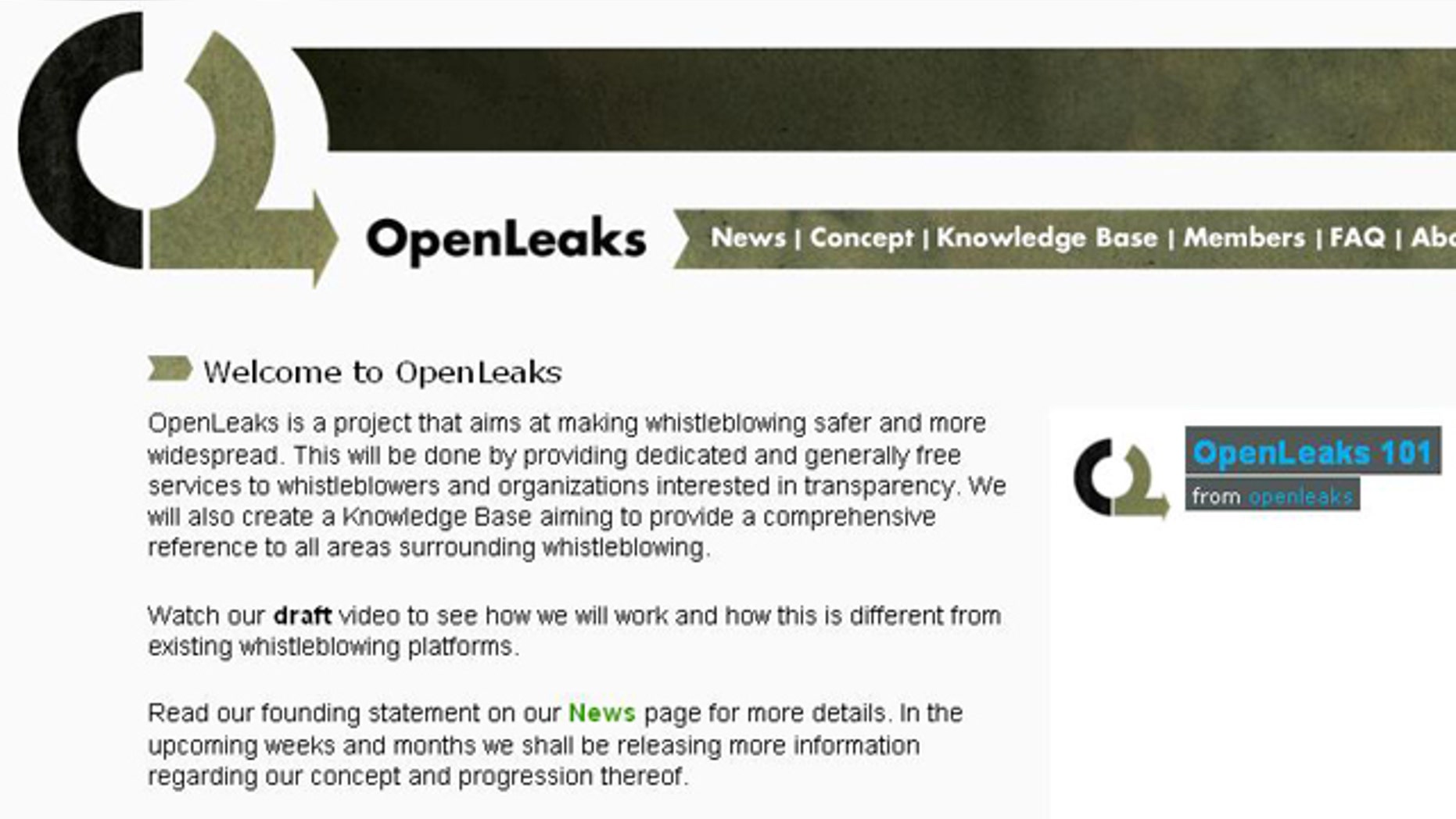The website for WiiLeaks-competitor OpenLeaks.org, which launched Thursday after information about the site was itself leaked.