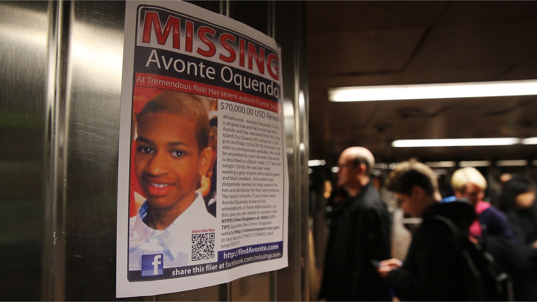 NEW YORK, NY - OCTOBER 21: A poster for a missing autistic 14-year-old named Avonte Oquendo hangs in subway station on October 21, 2013 in New York City. Hundreds of Police, volunteers, friends and family are searching for Avonte who walked out of the Center Boulevard School in Long Island City, Queens on October 4, 2013 and has not been seen since. Family members say that the teen has a fondness for trains and have focused their search along rail yards and in subway stations. (Photo by Spencer Platt/Getty Images)
