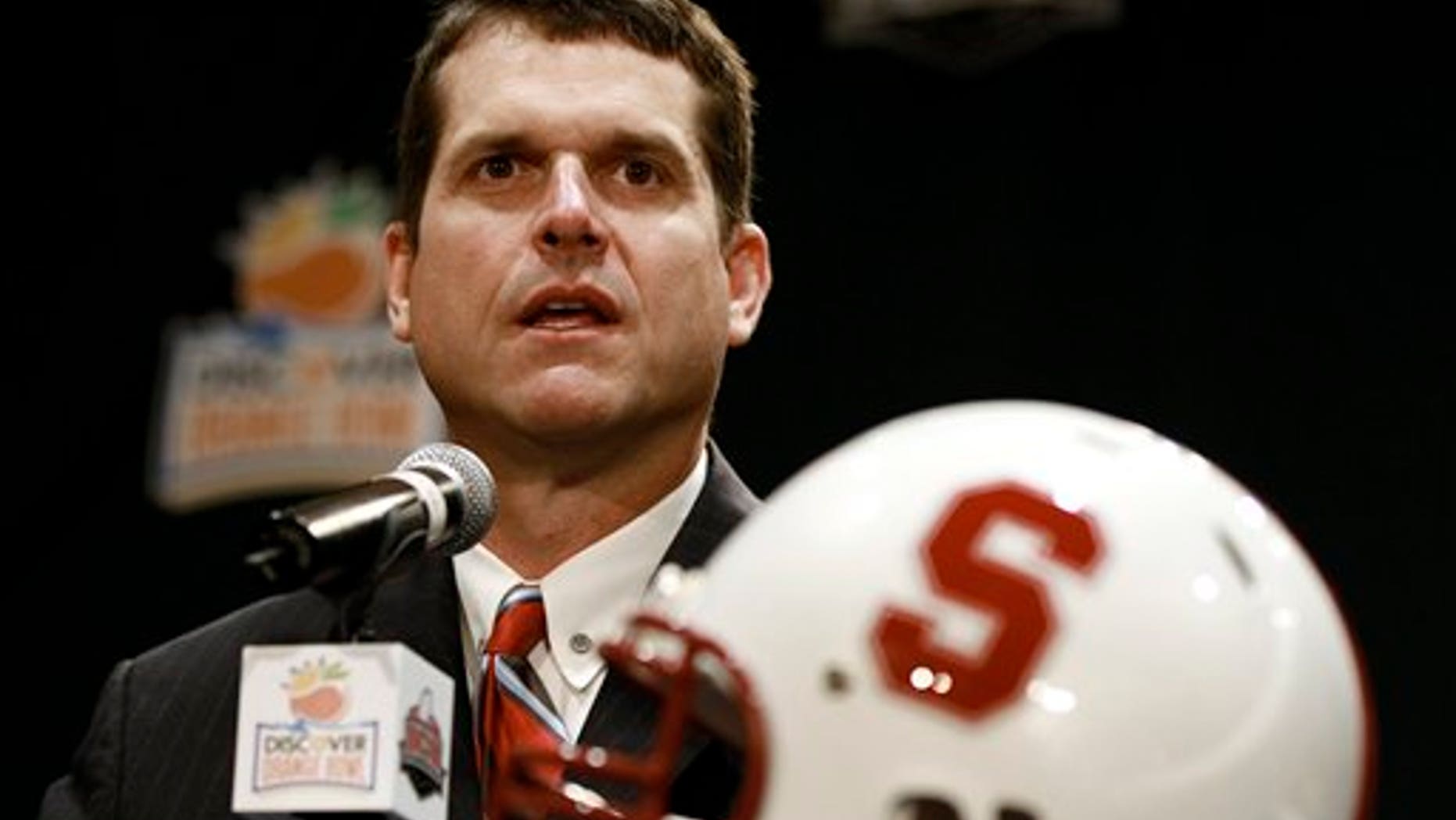 Jan. 2, 2011: Stanford football head coach Jim Harbaugh answers questions during a coach'ss new conference in Ft. Lauderdale, Fla.